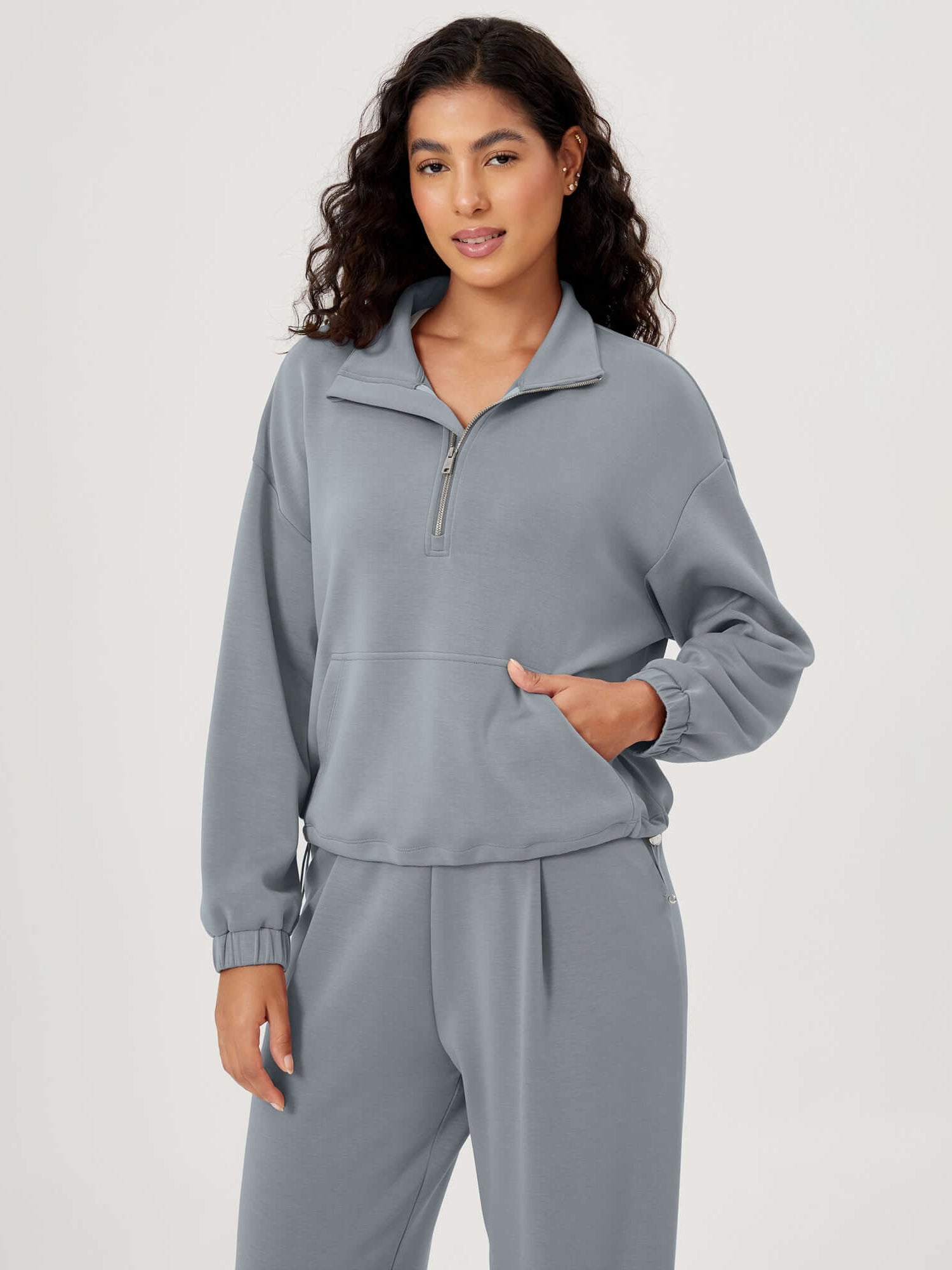 Modal Soft Cinchable Half Zipper Funnel Neck Oversize Pullover Grey Blue - ododos