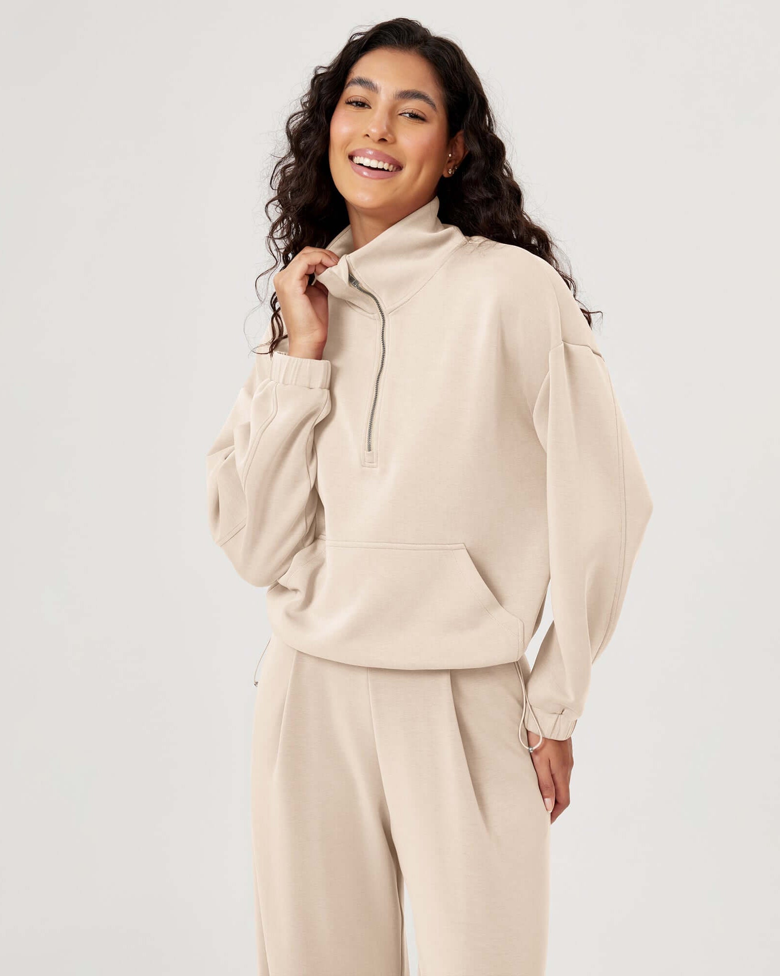 Modal Soft Cinchable Half Zipper Funnel Neck Oversize Pullover - ododos