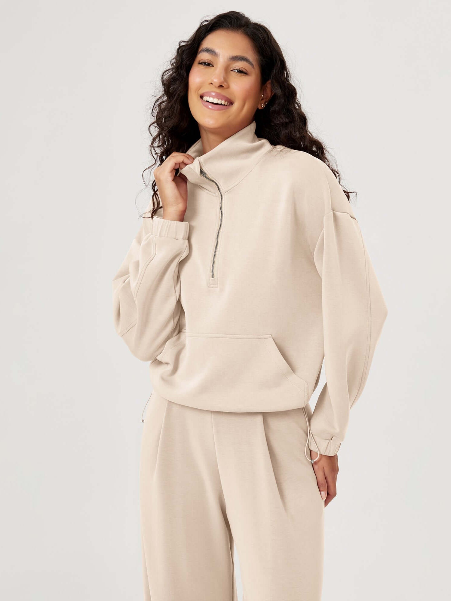 Modal Soft Cinchable Half Zipper Funnel Neck Oversize Pullover - ododos