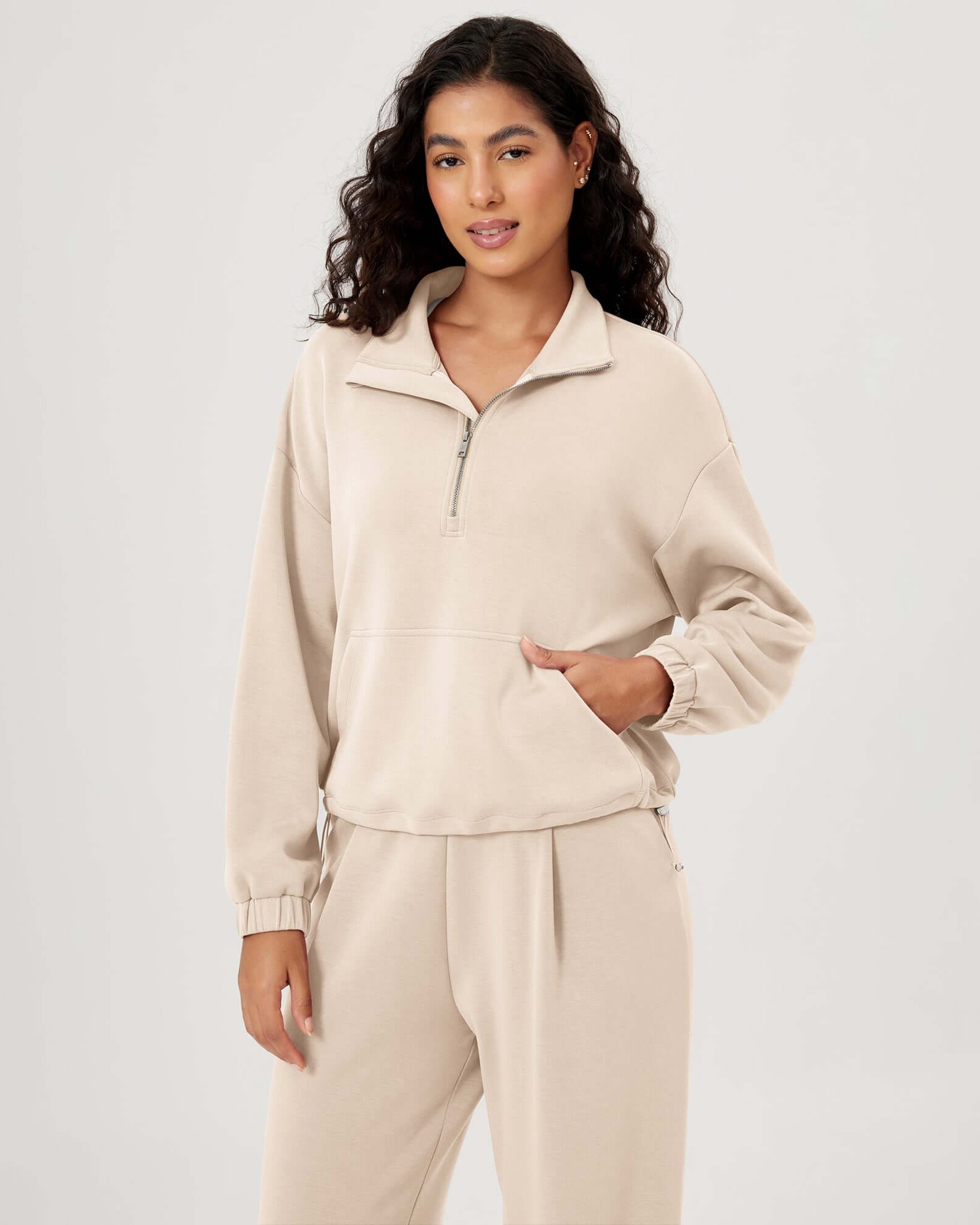 Modal Soft Cinchable Half Zipper Funnel Neck Oversize Pullover Ivory - ododos