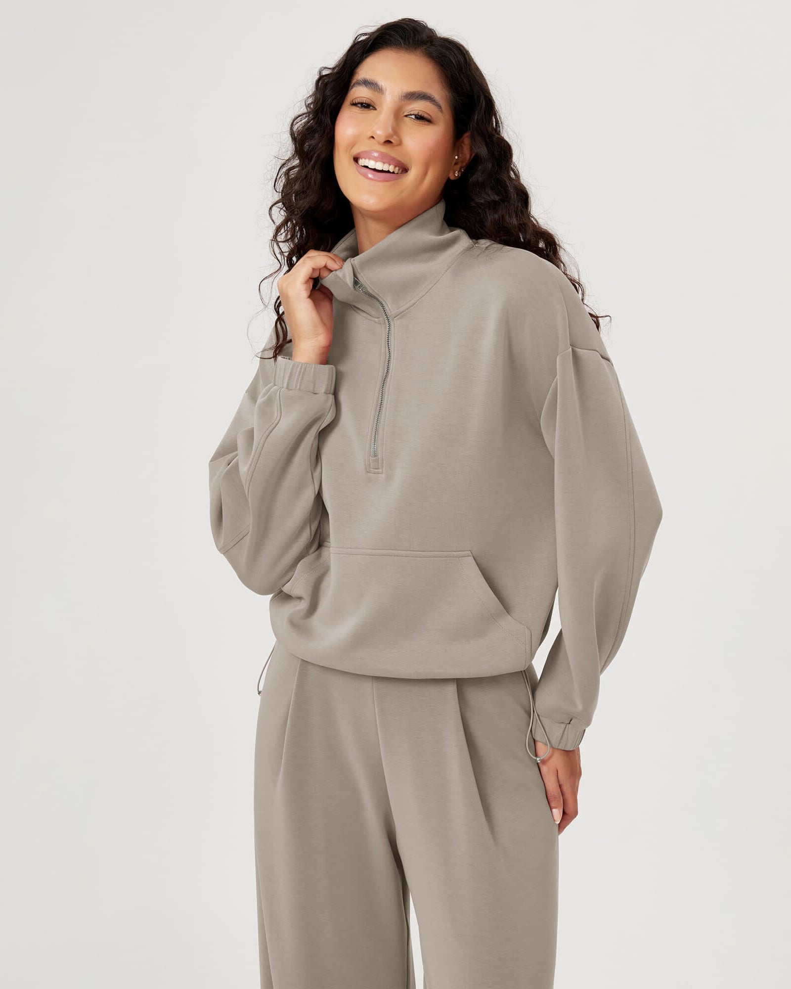 Modal Soft Cinchable Half Zipper Funnel Neck Oversize Pullover - ododos