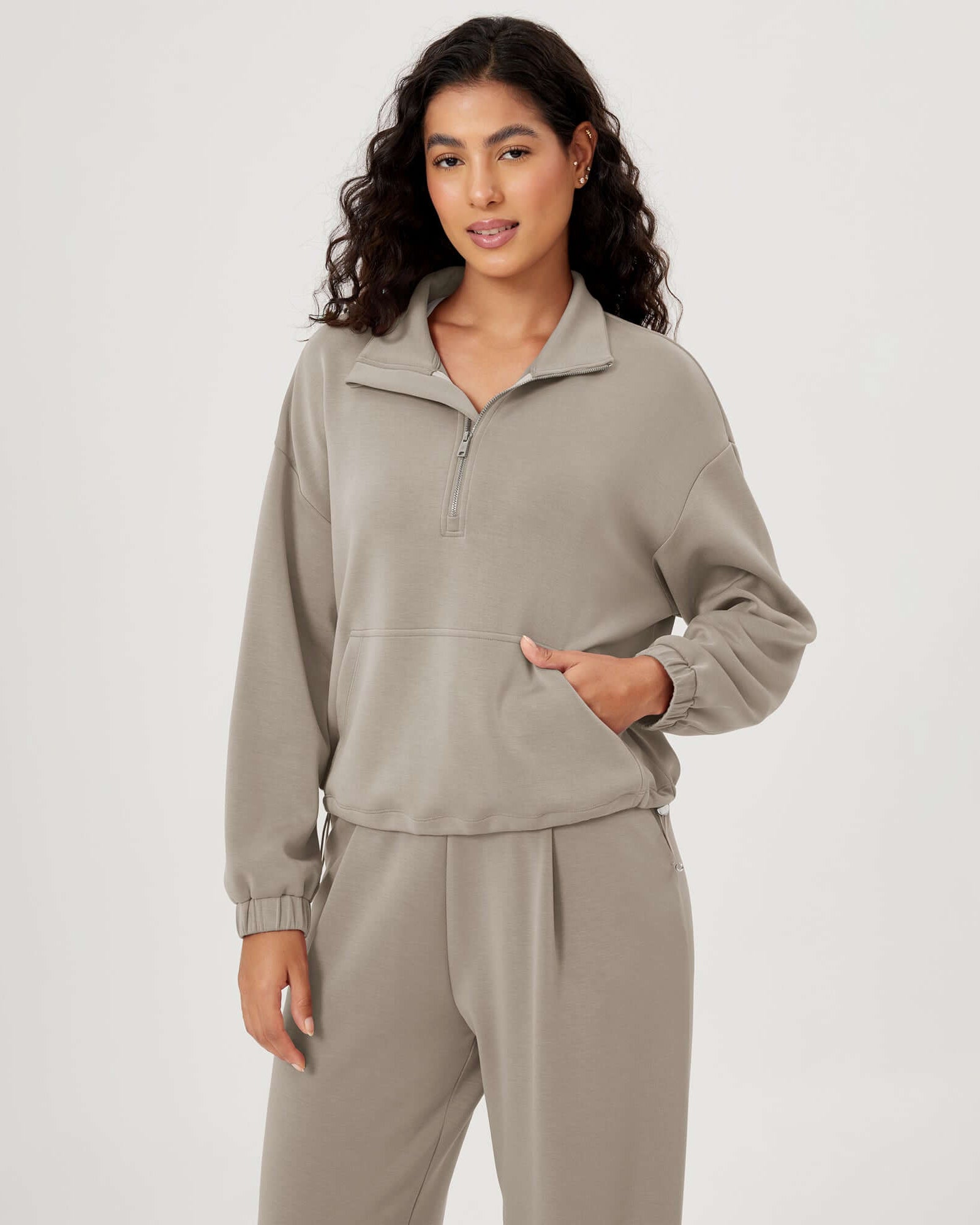 Modal Soft Cinchable Half Zipper Funnel Neck Oversize Pullover Khaki - ododos