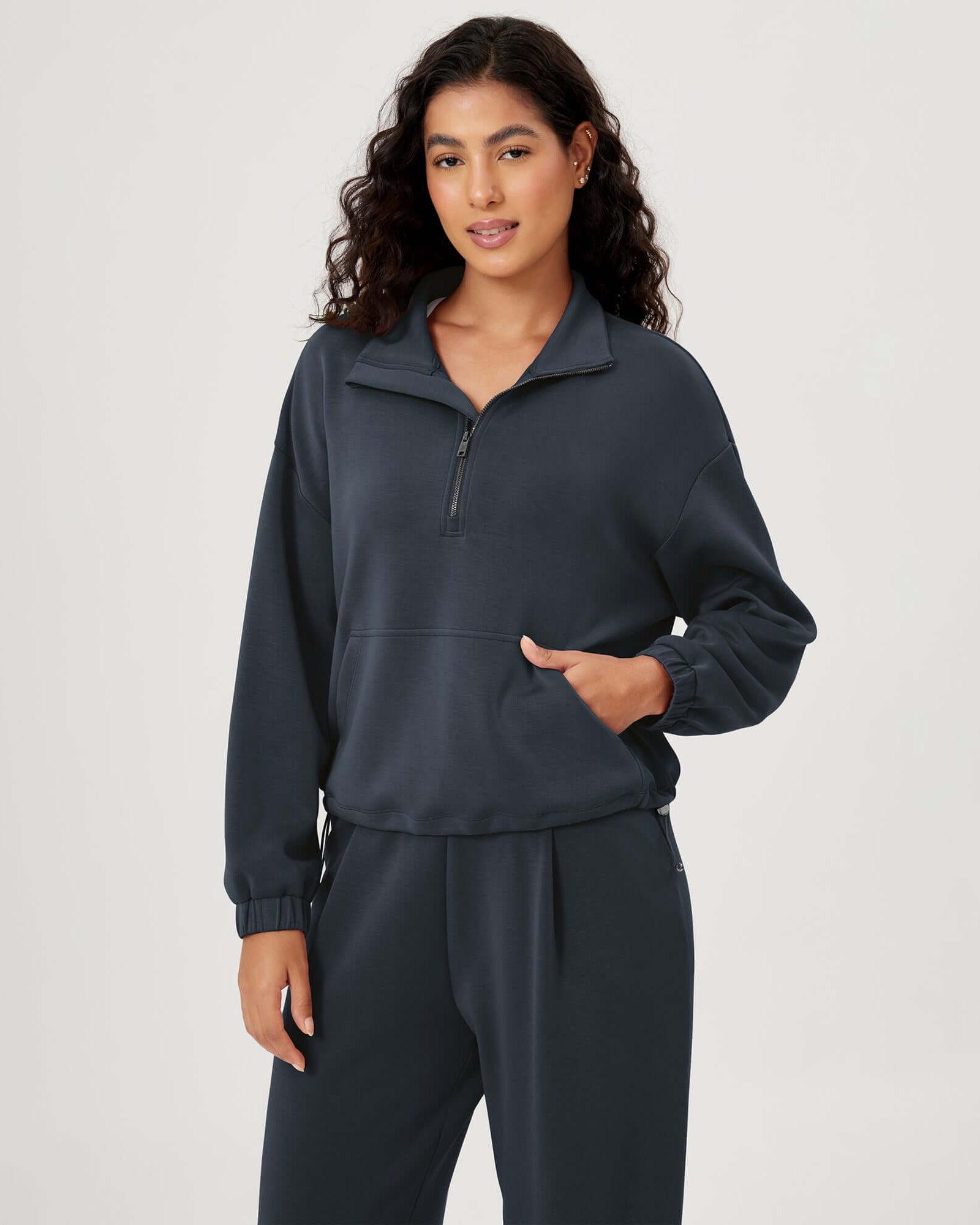 Modal Soft Cinchable Half Zipper Funnel Neck Oversize Pullover Navy - ododos