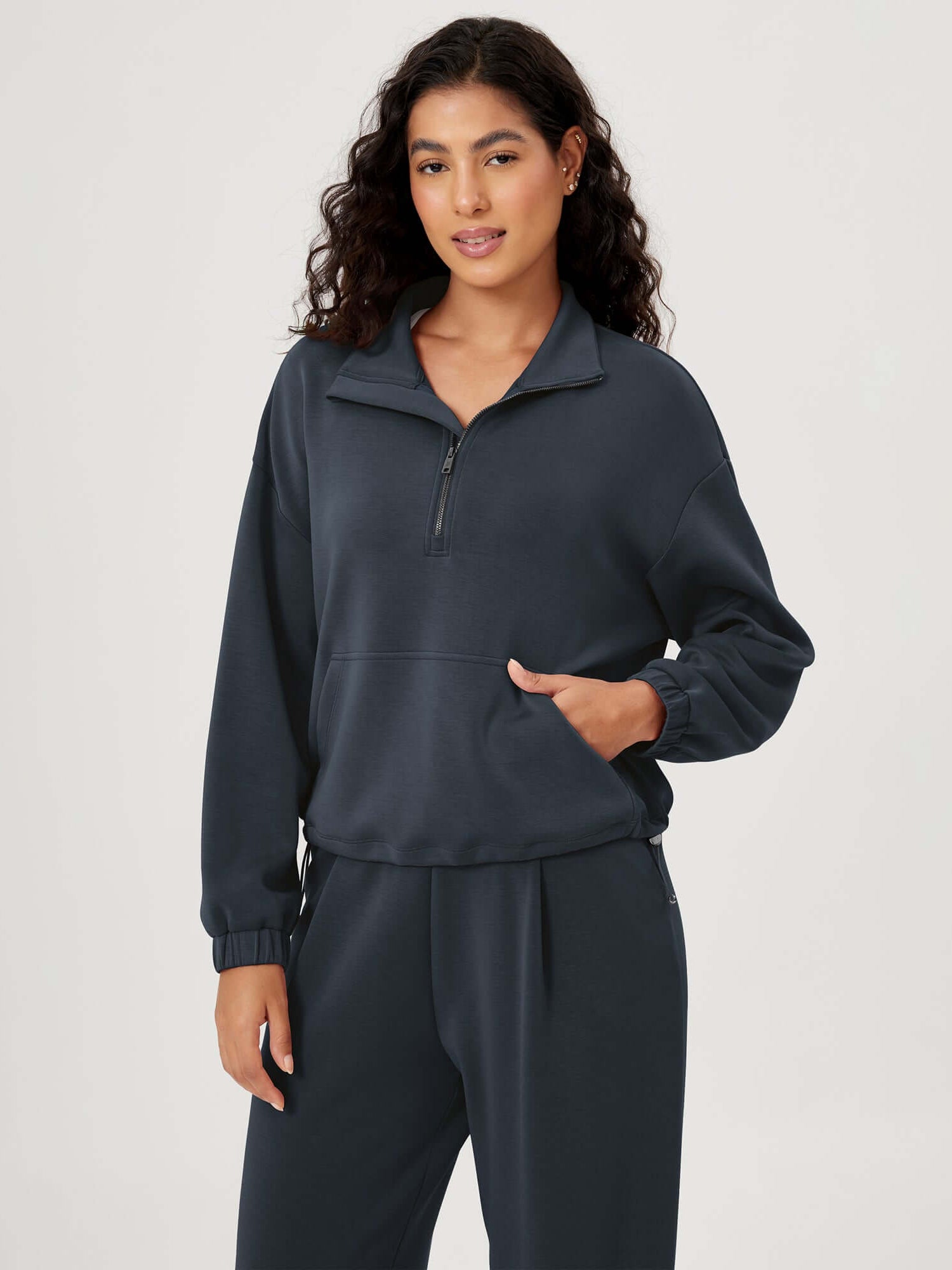 Modal Soft Cinchable Half Zipper Funnel Neck Oversize Pullover Navy - ododos
