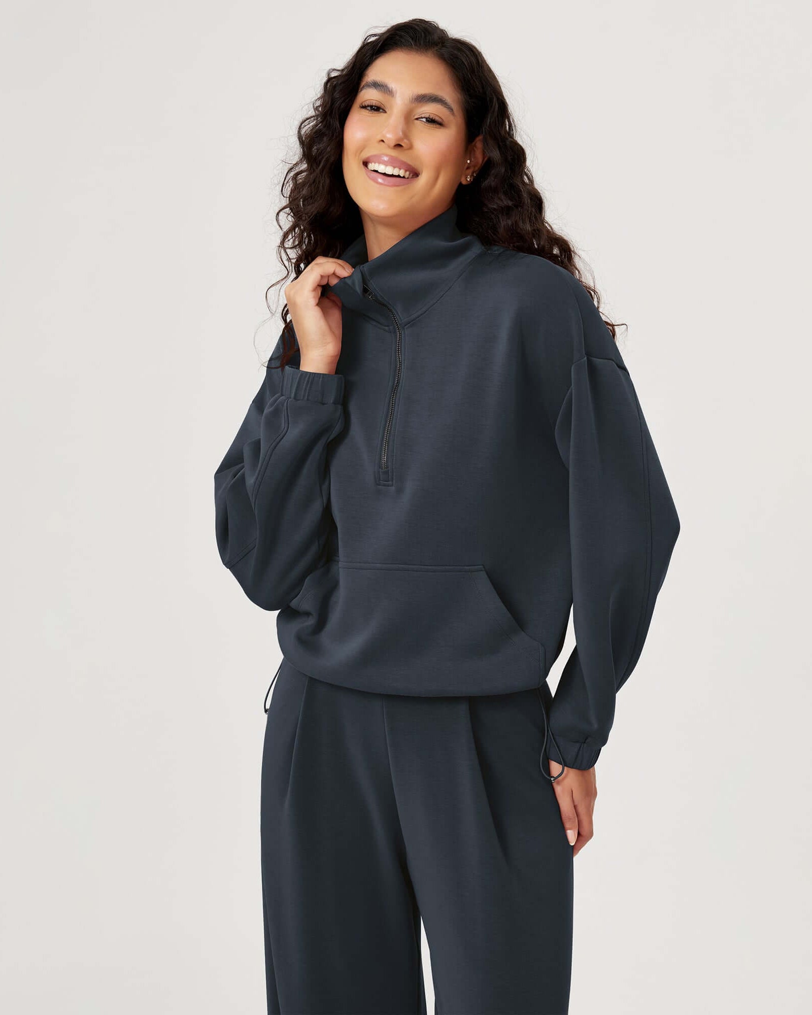 Modal Soft Cinchable Half Zipper Funnel Neck Oversize Pullover - ododos