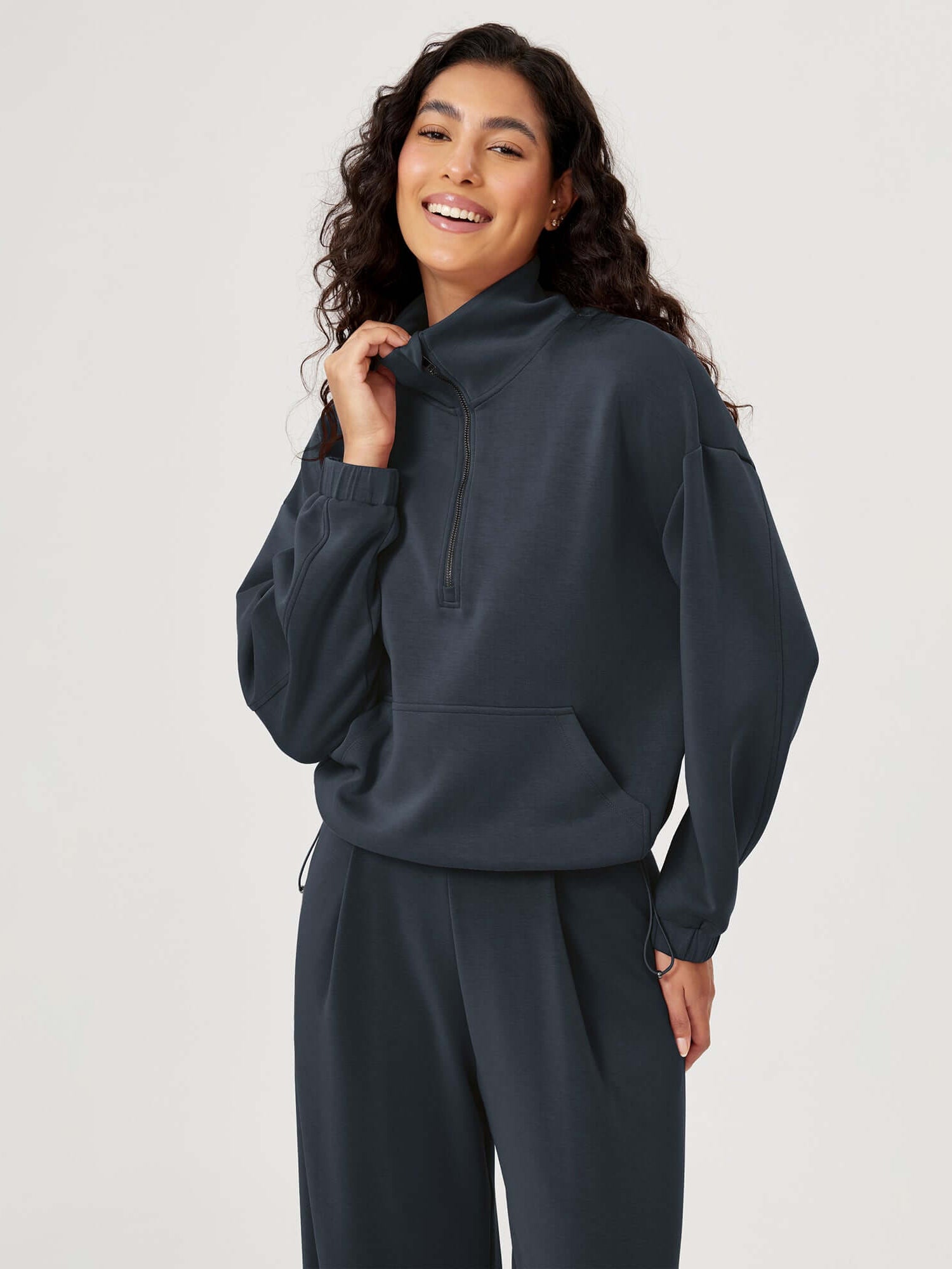 Modal Soft Cinchable Half Zipper Funnel Neck Oversize Pullover - ododos