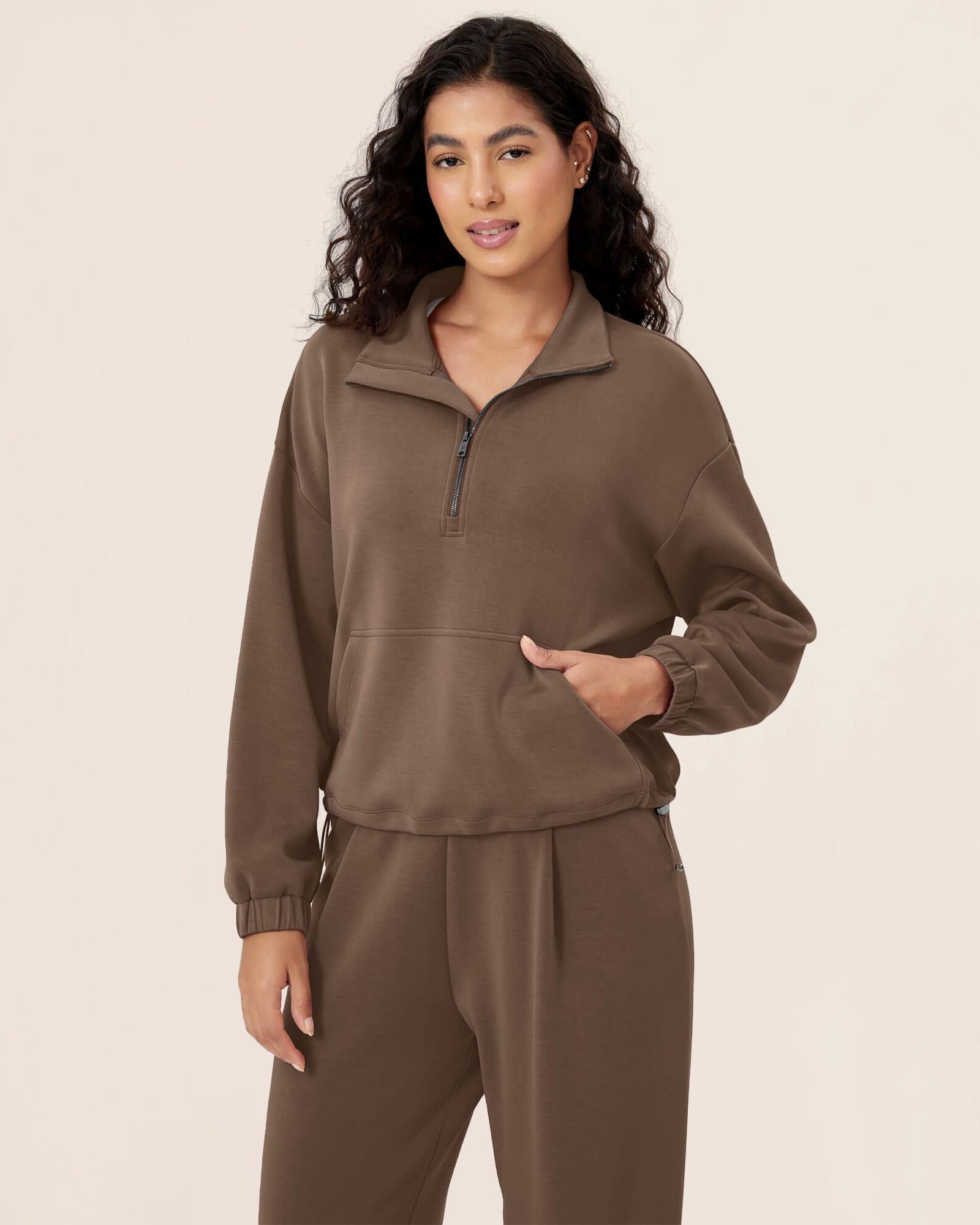 Modal Soft Cinchable Half Zipper Funnel Neck Oversize Pullover Nutria - ododos