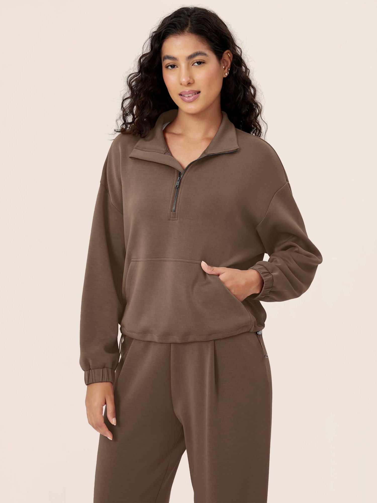 Modal Soft Cinchable Half Zipper Funnel Neck Oversize Pullover Nutria - ododos