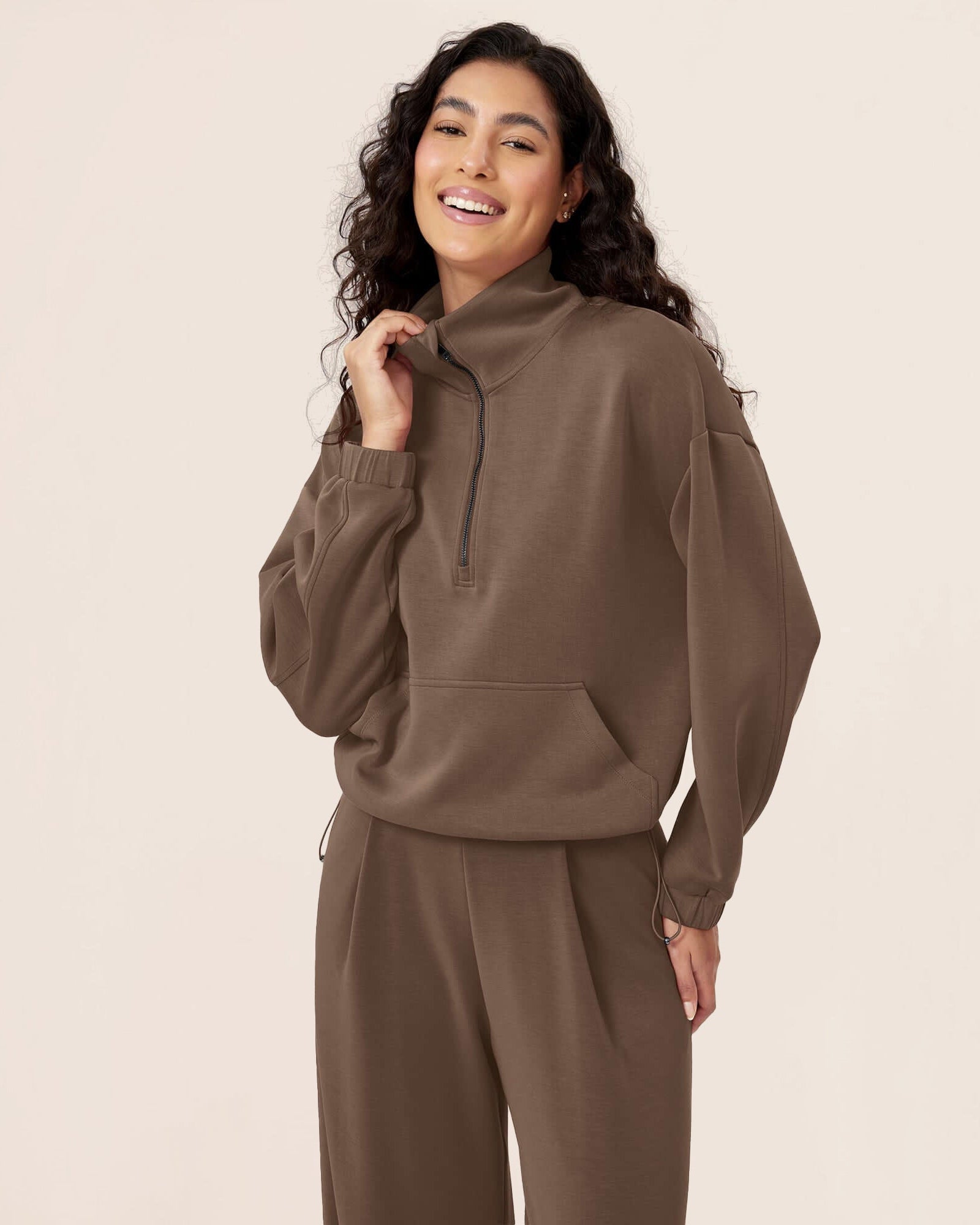 Modal Soft Cinchable Half Zipper Funnel Neck Oversize Pullover - ododos
