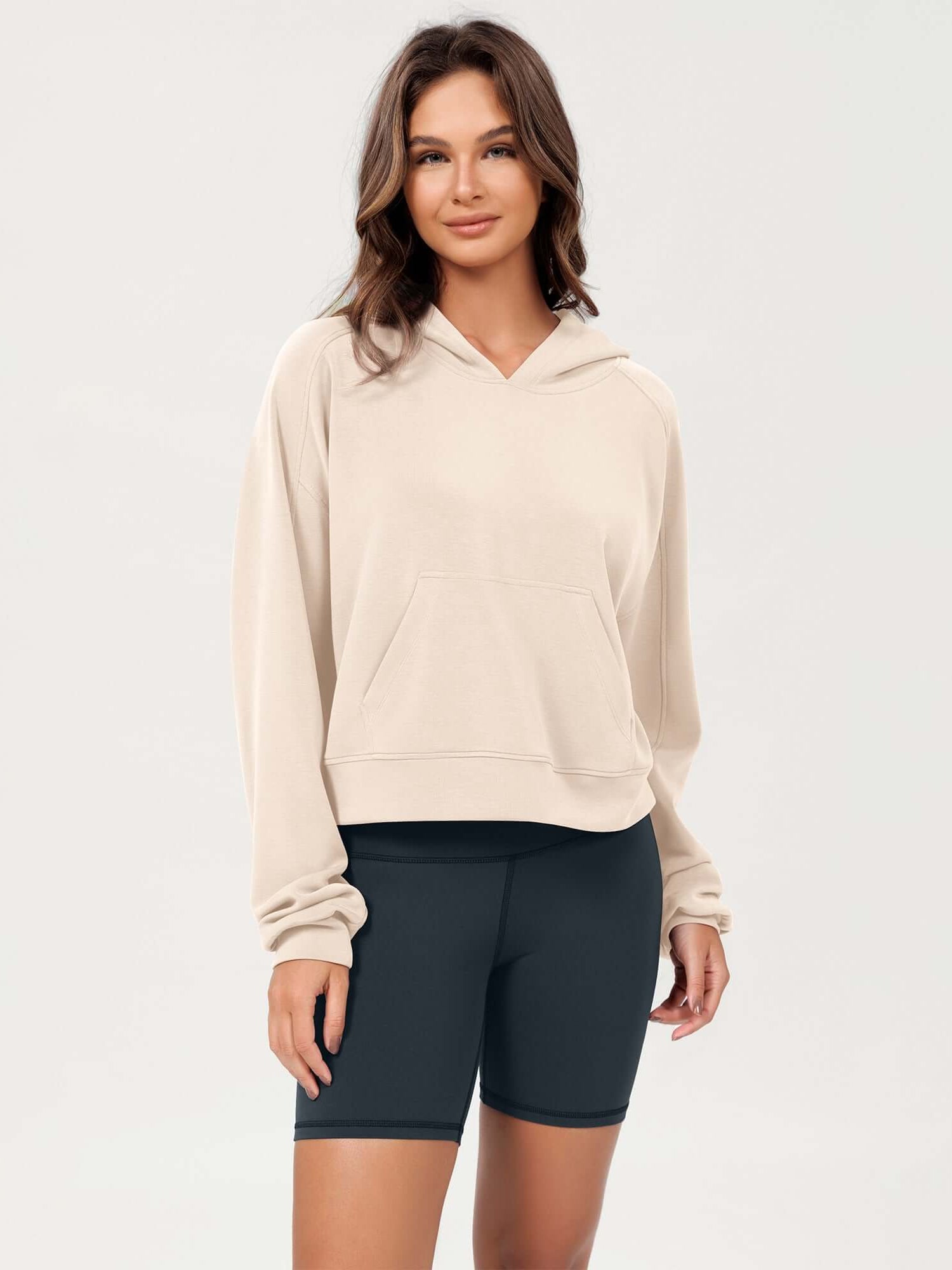 Modal Soft Oversized Long Sleeve Cropped Hoodie Beige - ododos