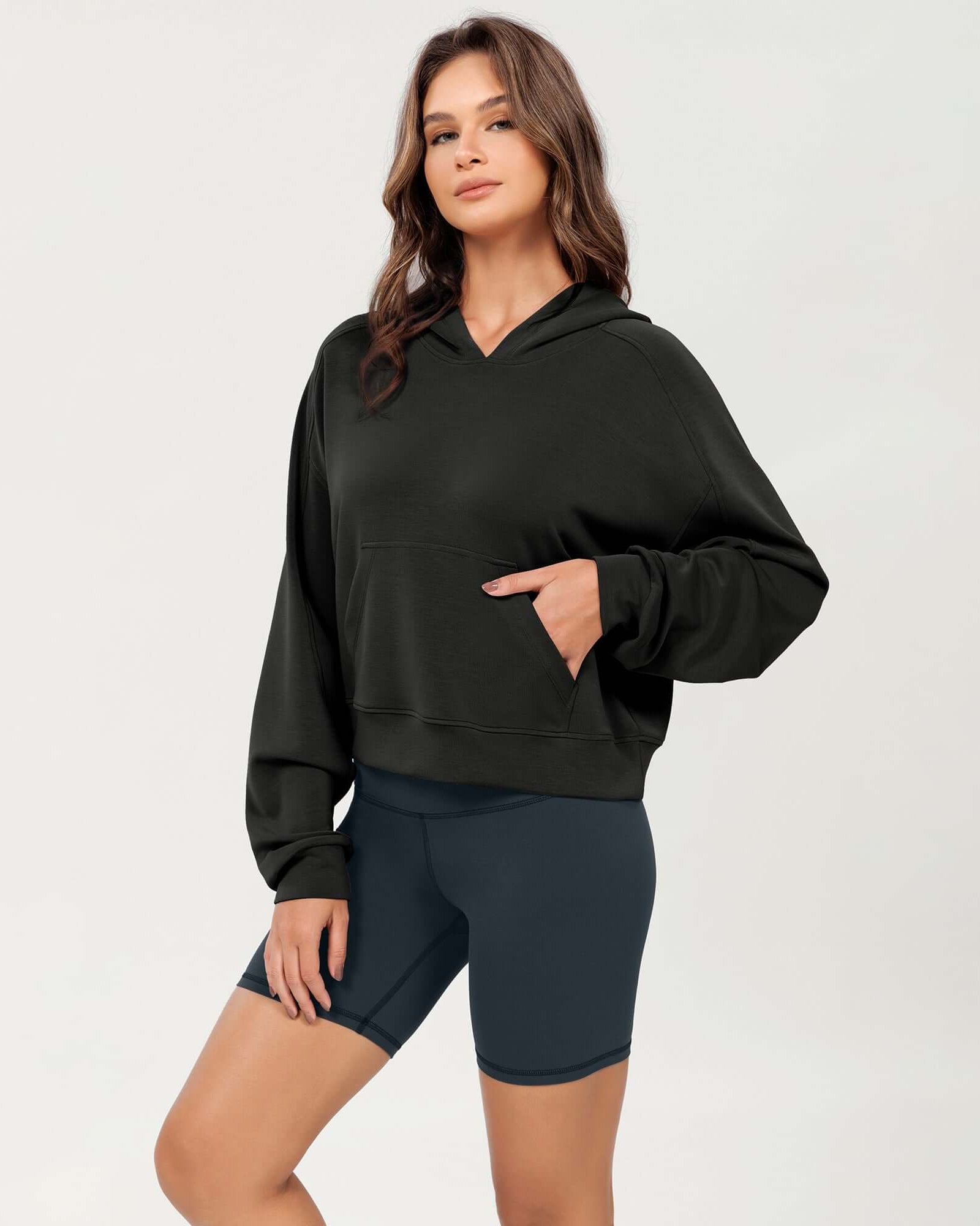 Modal Soft Oversized Long Sleeve Cropped Hoodie Black - ododos