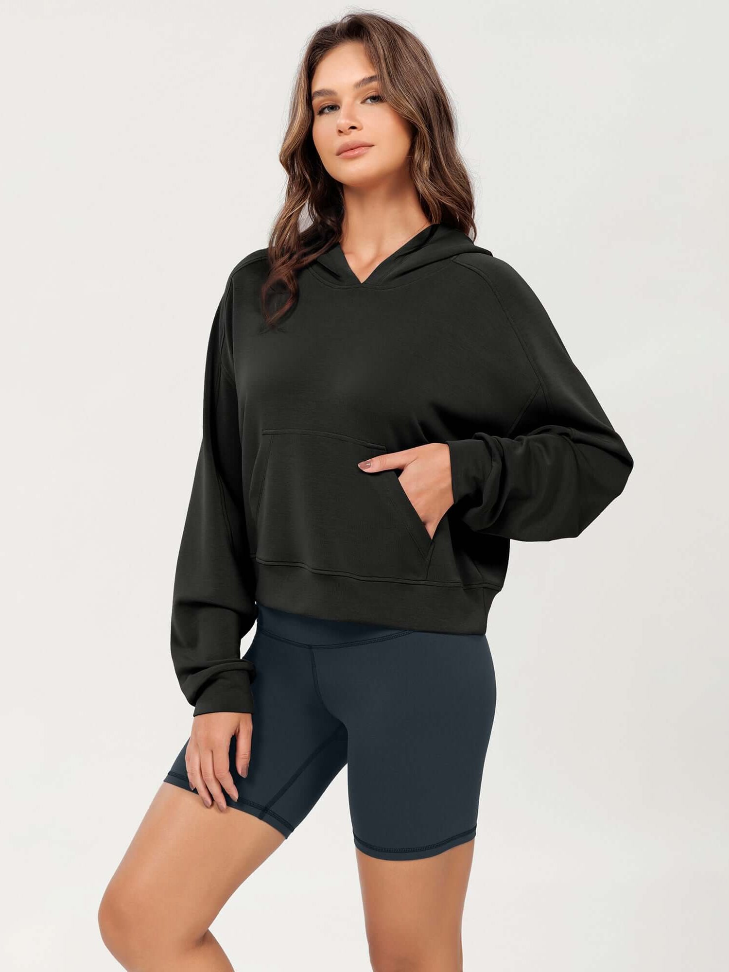 Modal Soft Oversized Long Sleeve Cropped Hoodie Black - ododos