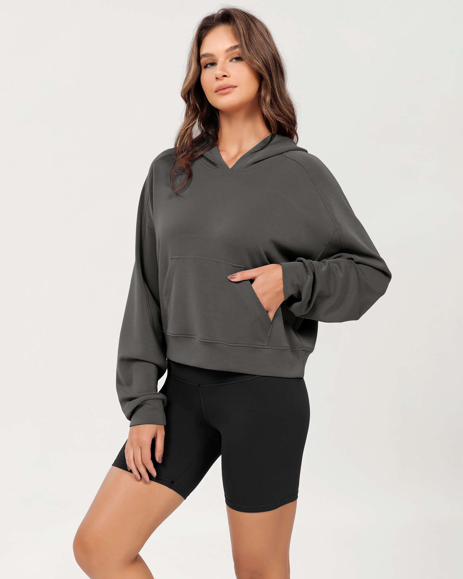 Modal Soft Oversized Long Sleeve Cropped Hoodie Charcoal - ododos