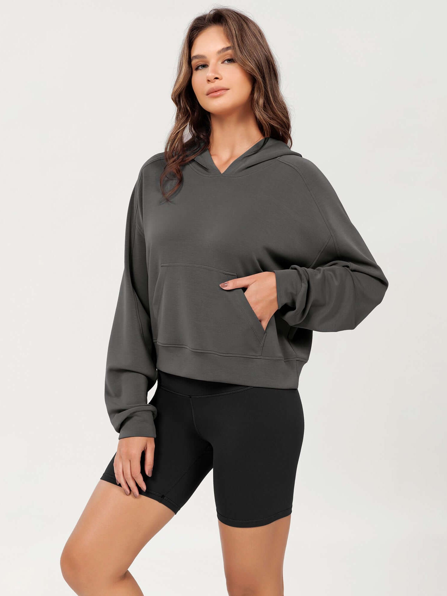 Modal Soft Oversized Long Sleeve Cropped Hoodie Charcoal - ododos