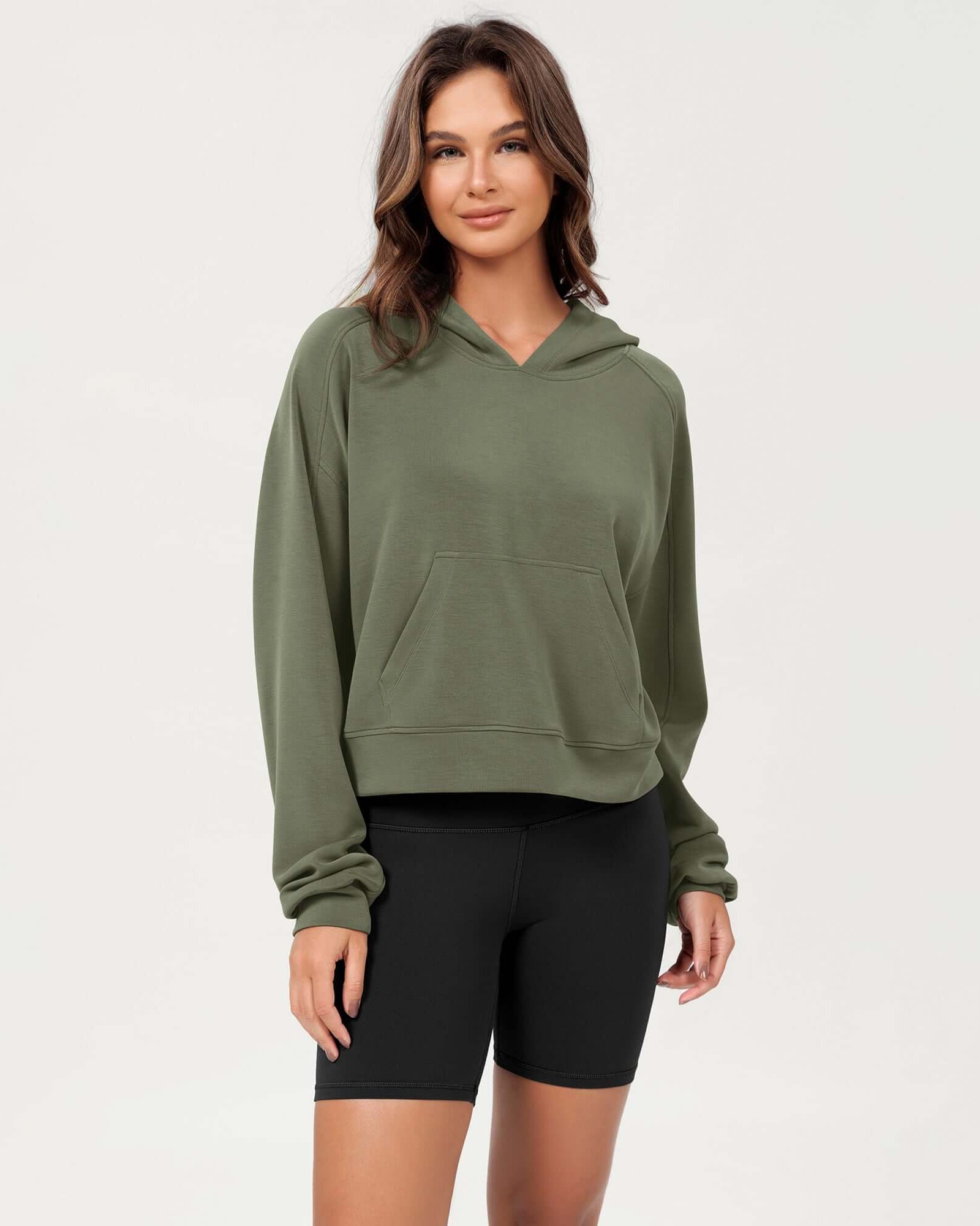 Modal Soft Oversized Long Sleeve Cropped Hoodie Dark Sage - ododos