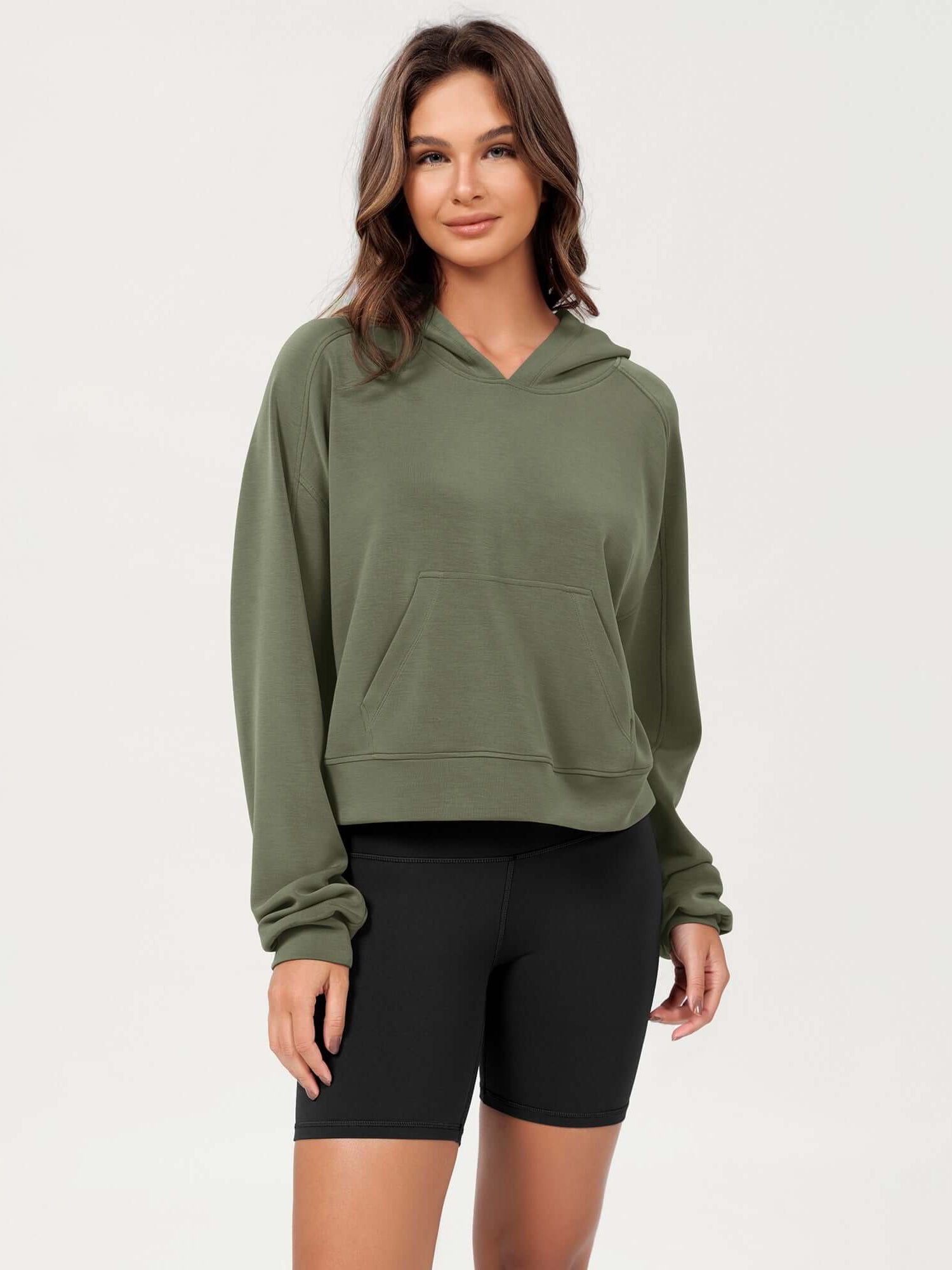 Modal Soft Oversized Long Sleeve Cropped Hoodie Dark Sage - ododos
