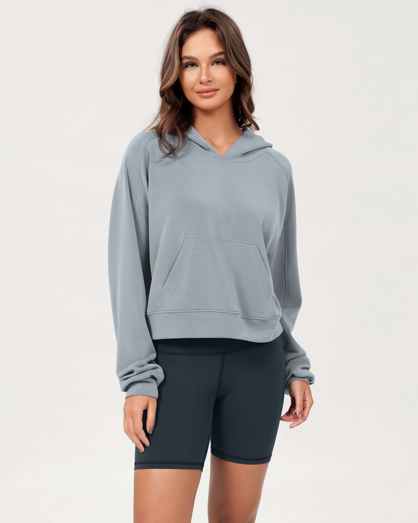 Modal Soft Oversized Long Sleeve Cropped Hoodie Grey Blue - ododos