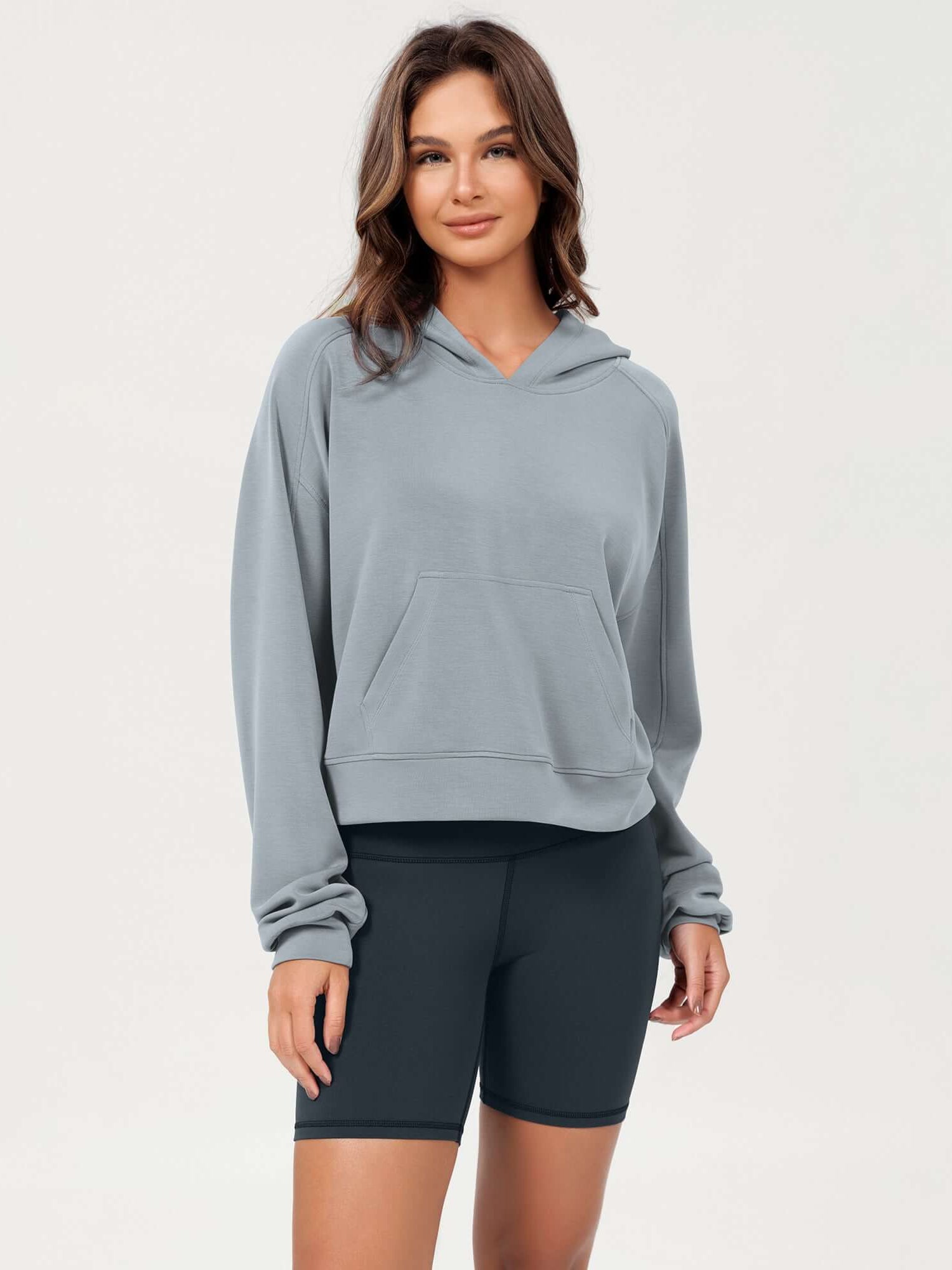 Modal Soft Oversized Long Sleeve Cropped Hoodie Grey Blue - ododos