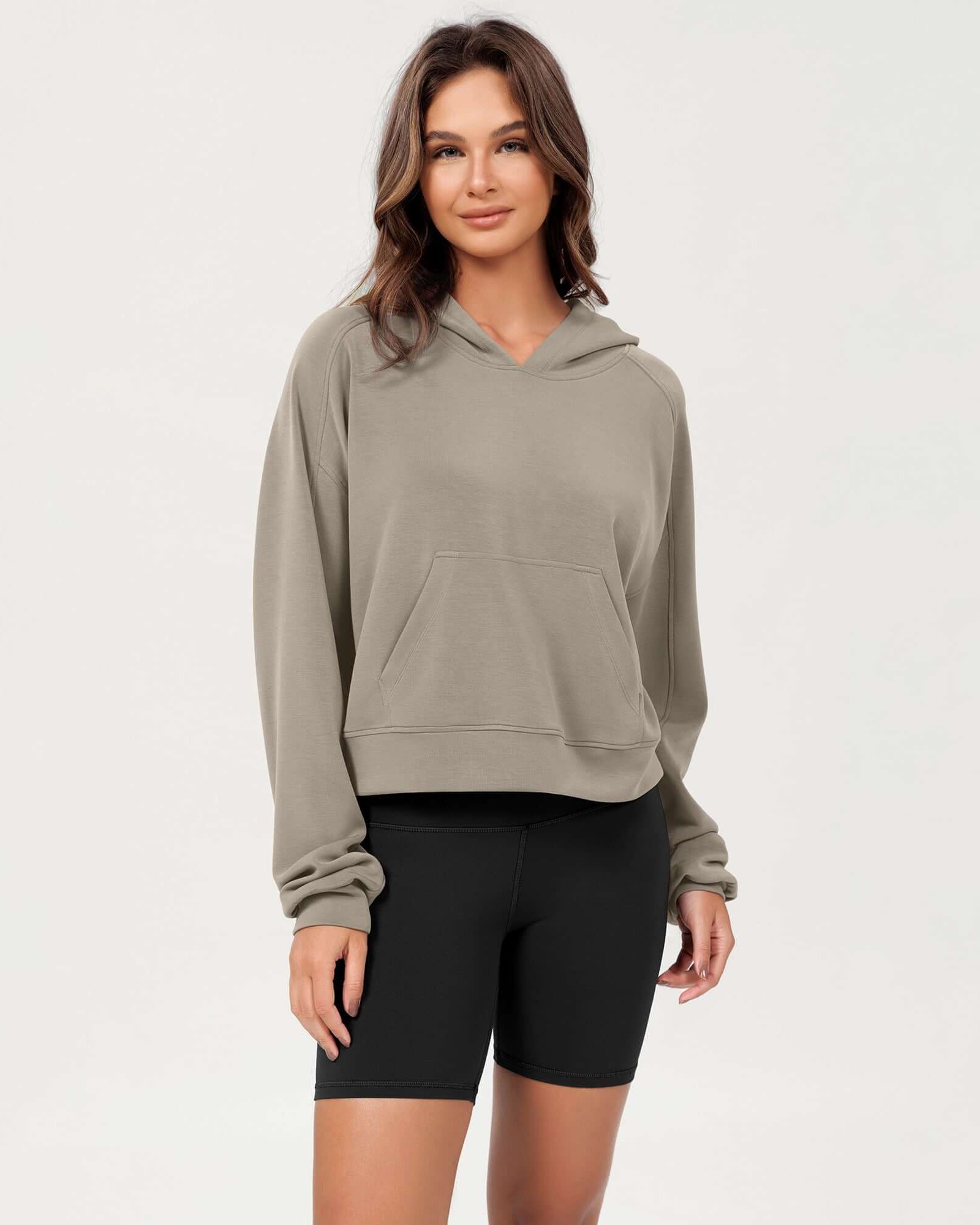 Modal Soft Oversized Long Sleeve Cropped Hoodie Khaki - ododos