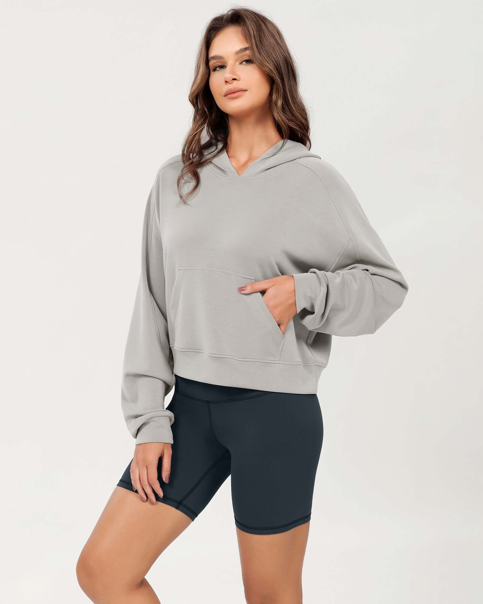 Modal Soft Oversized Long Sleeve Cropped Hoodie Light Gray - ododos