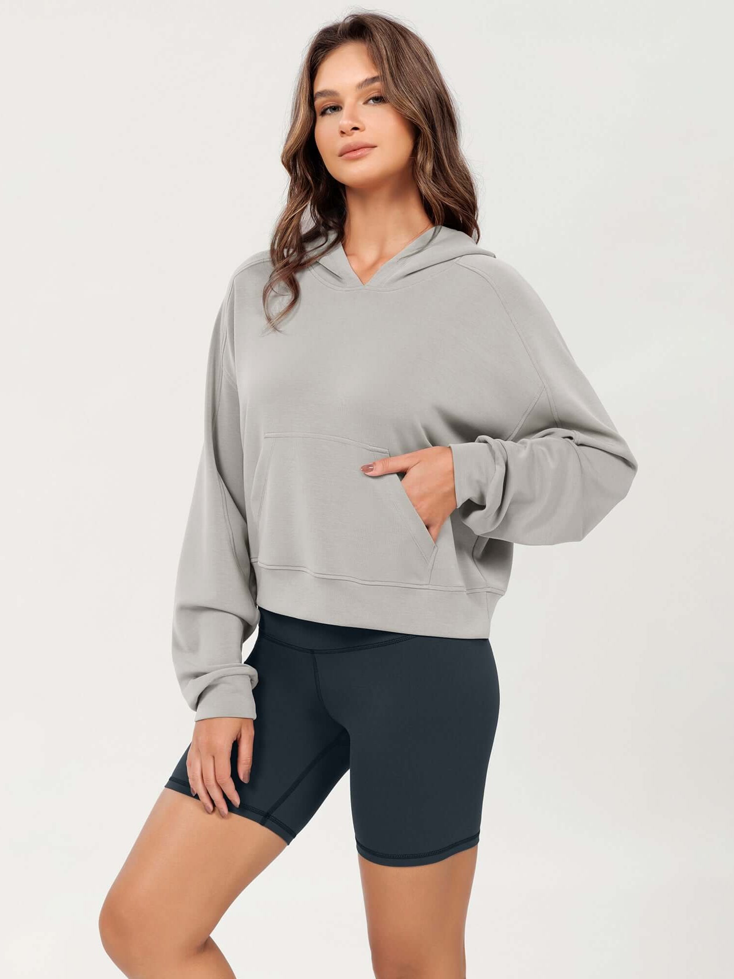 Modal Soft Oversized Long Sleeve Cropped Hoodie Light Gray - ododos