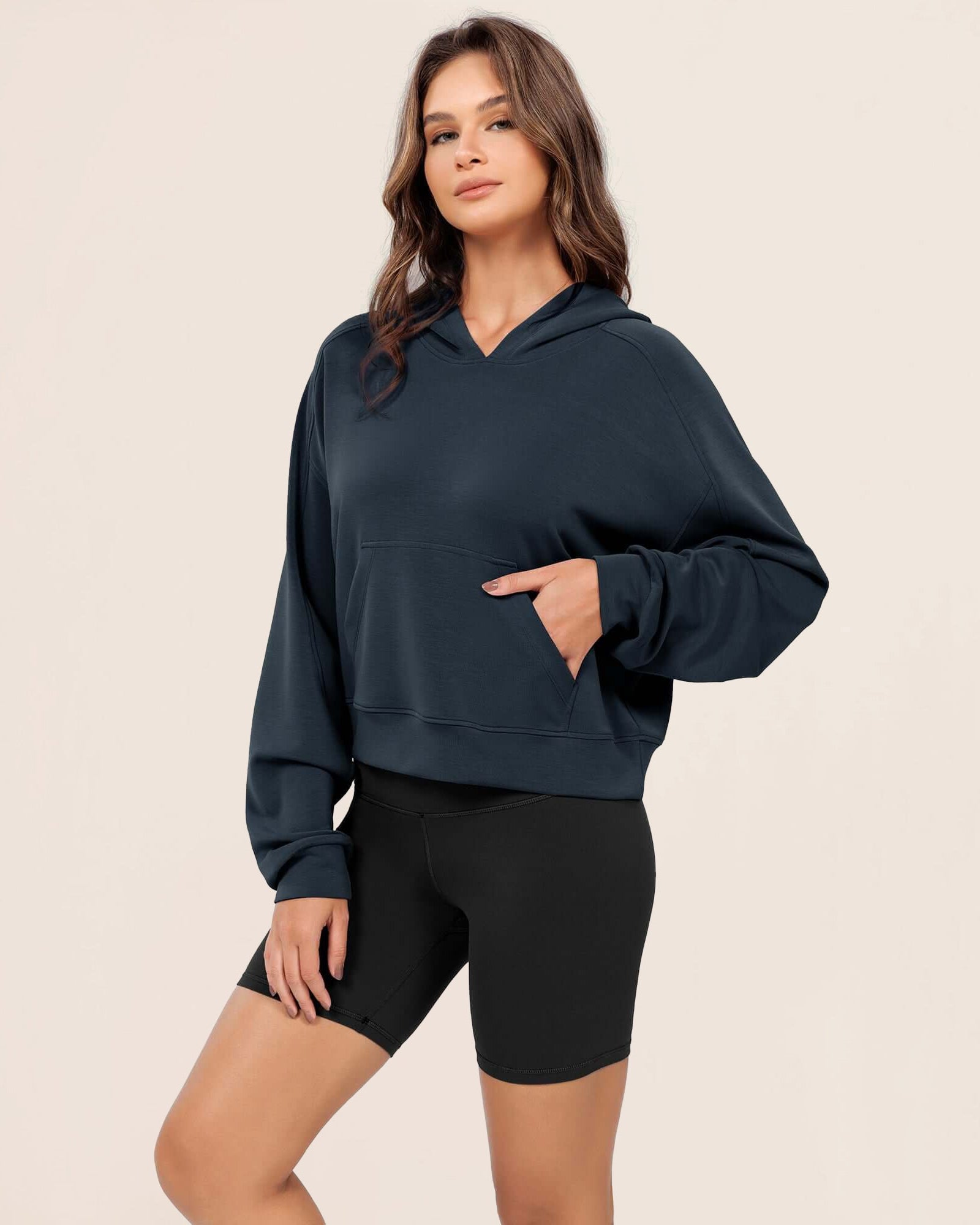Modal Soft Oversized Long Sleeve Cropped Hoodie Navy - ododos