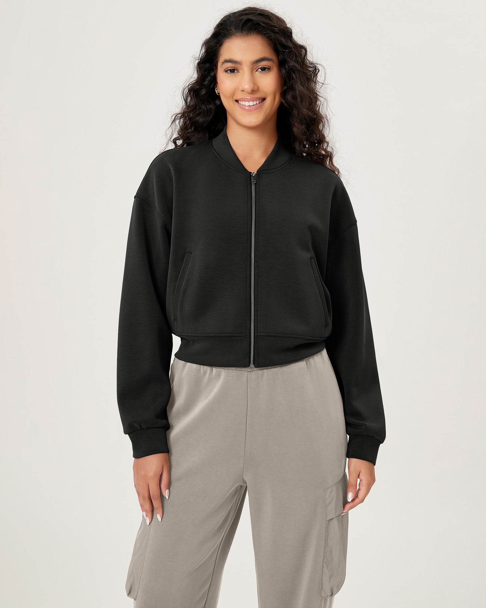 Modal Soft Full-Zip Bomber Casual Outfit Crop Jacket with Pockets Black - ododos