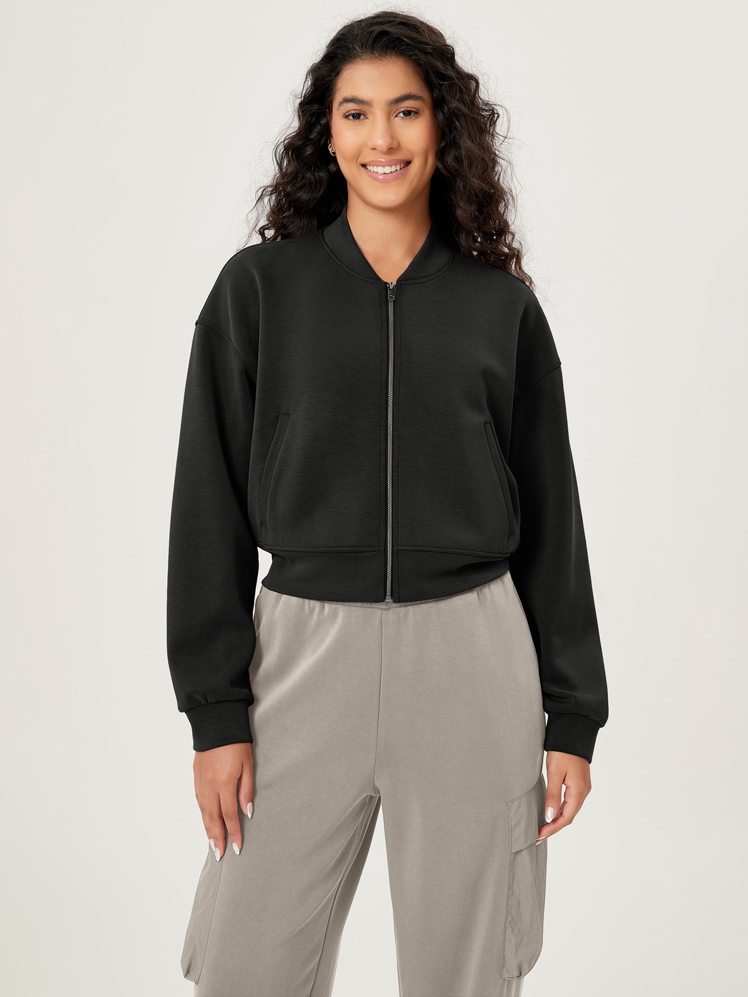 Modal Soft Full-Zip Bomber Casual Outfit Crop Jacket with Pockets Black - ododos