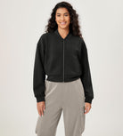 Modal Soft Full-Zip Bomber Casual Outfit Crop Jacket with Pockets Black - ododos