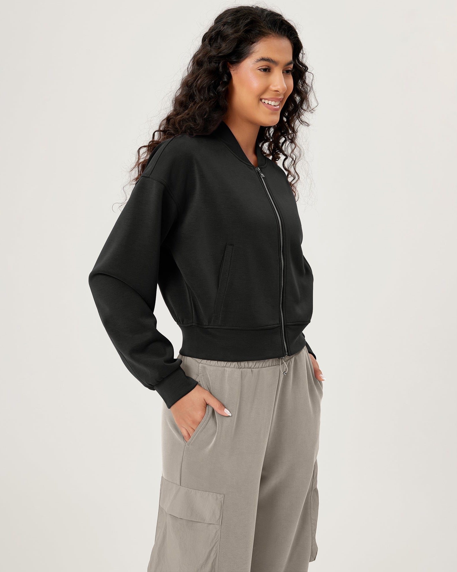 Modal Soft Full-Zip Bomber Casual Outfit Crop Jacket with Pockets - ododos