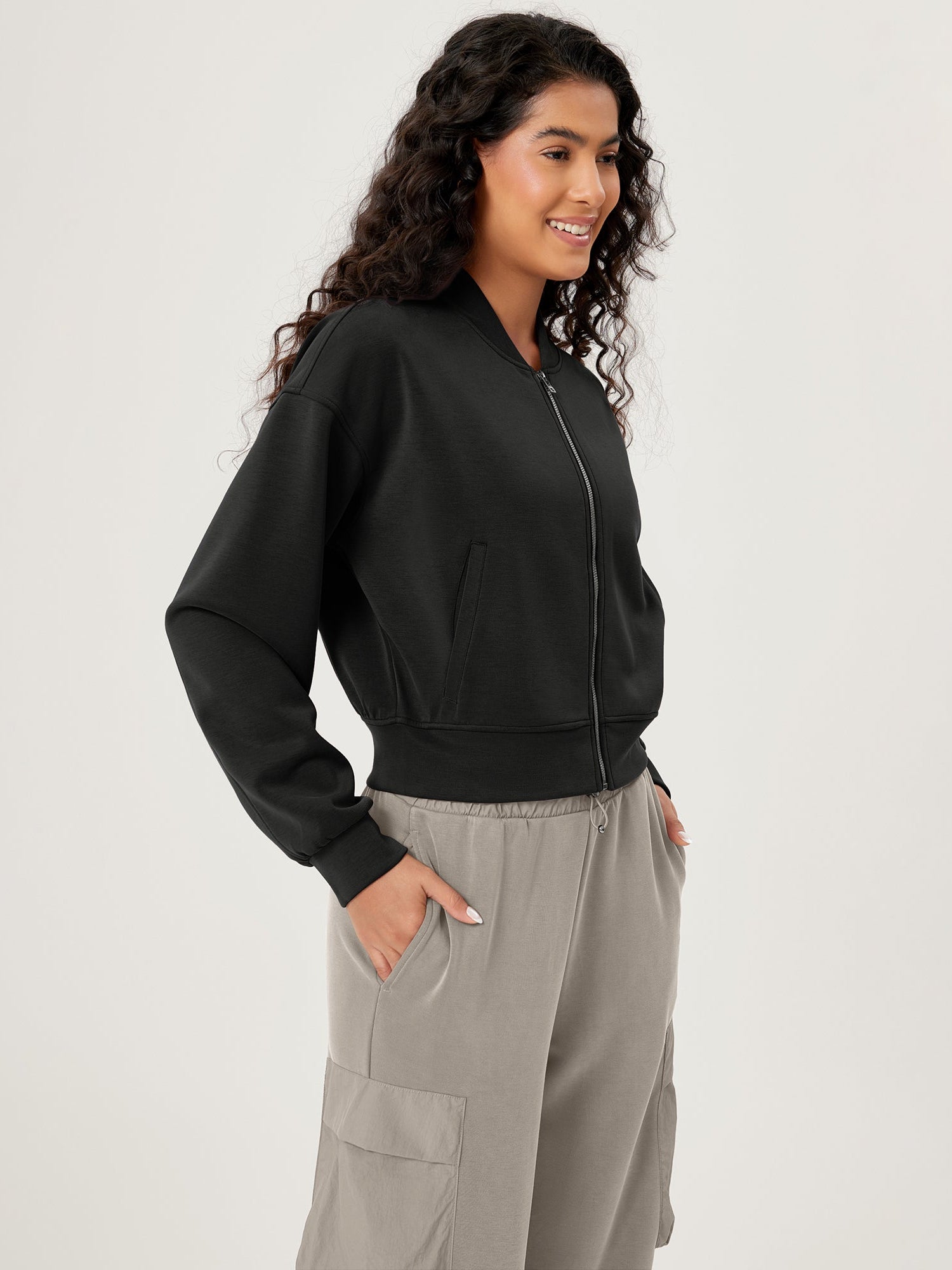 Modal Soft Full-Zip Bomber Casual Outfit Crop Jacket with Pockets - ododos