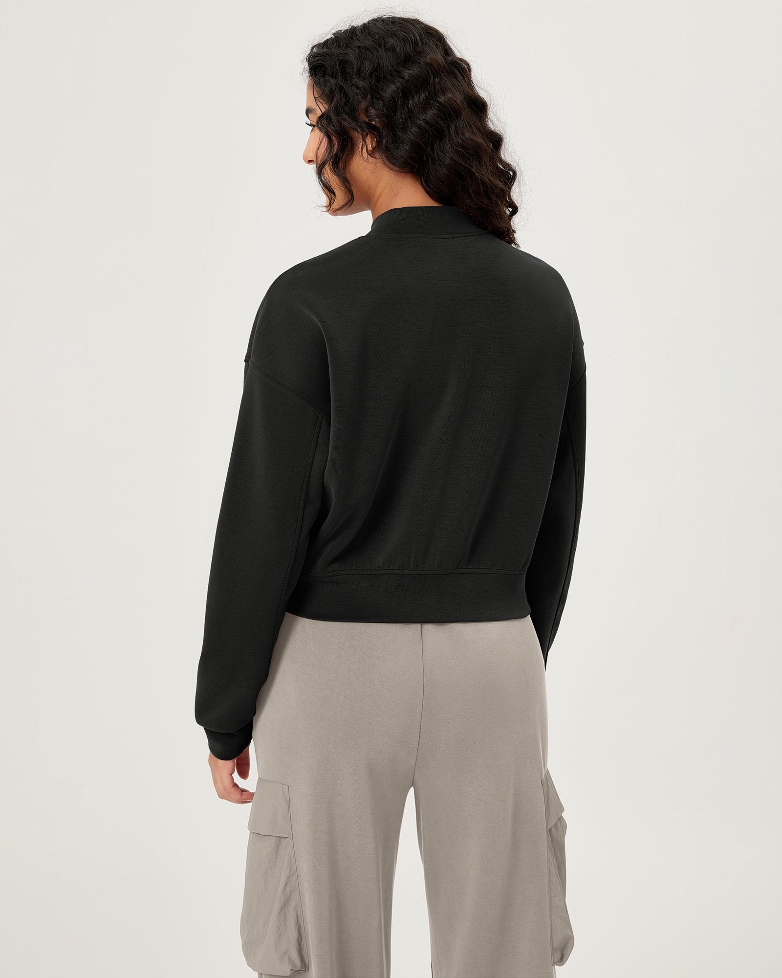 Modal Soft Full-Zip Bomber Casual Outfit Crop Jacket with Pockets - ododos