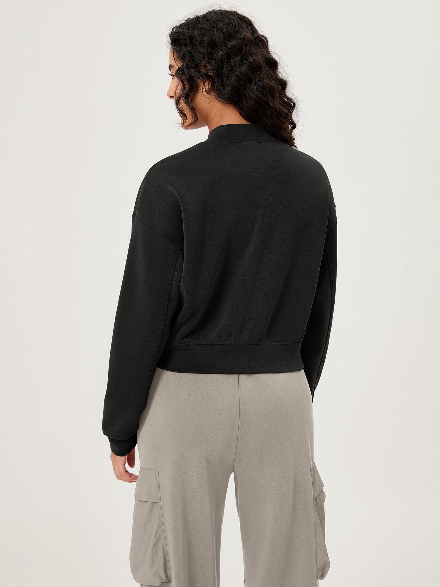 Modal Soft Full-Zip Bomber Casual Outfit Crop Jacket with Pockets - ododos