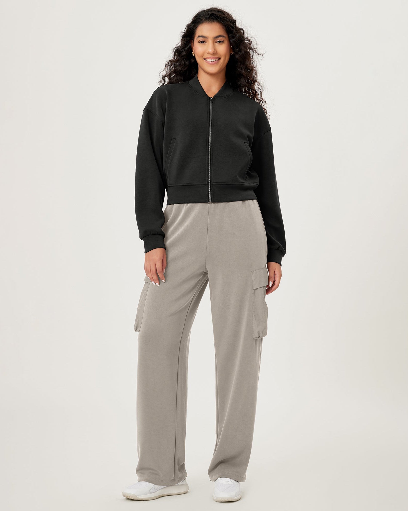 Modal Soft Full-Zip Bomber Casual Outfit Crop Jacket with Pockets - ododos