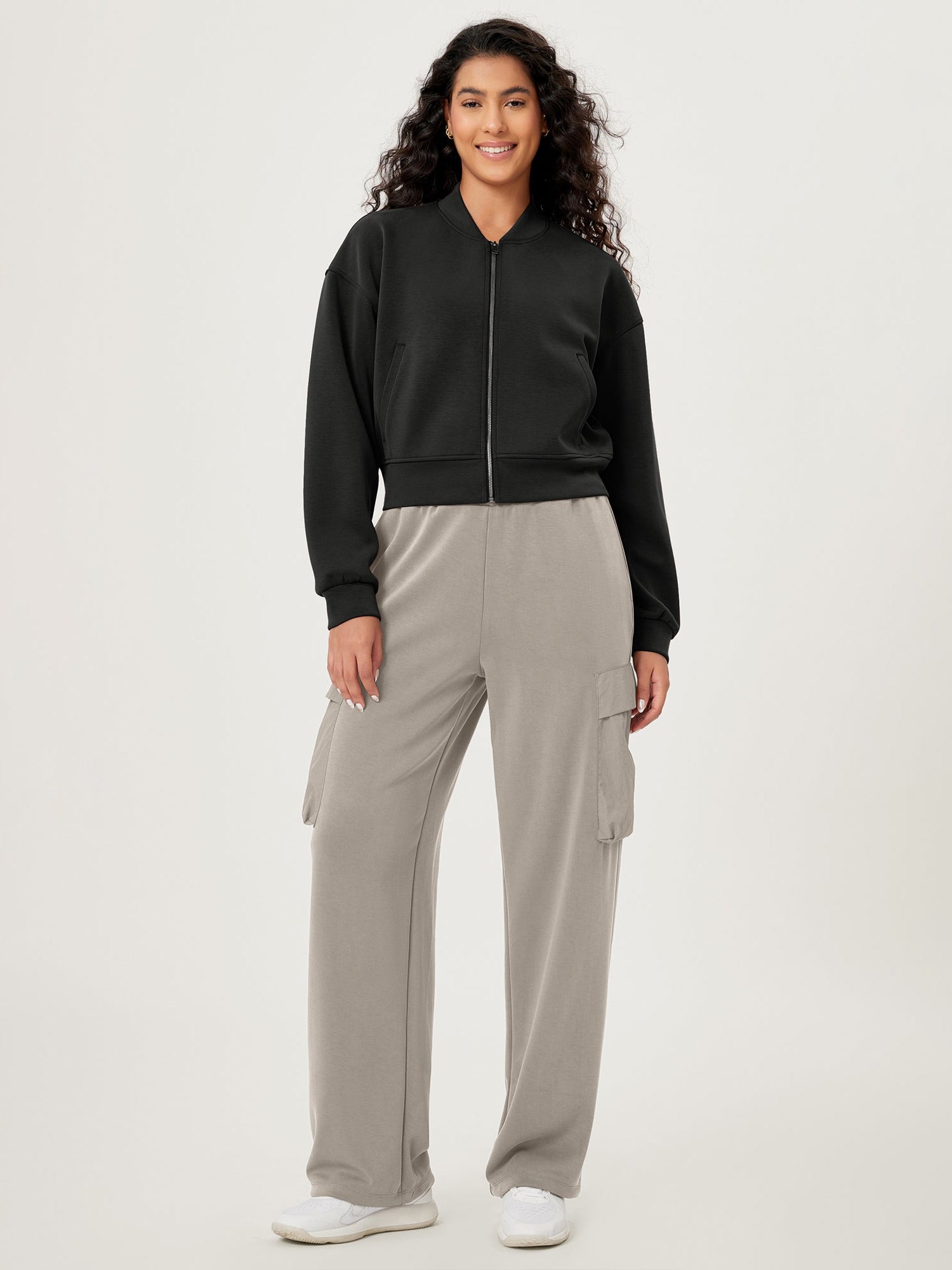 Modal Soft Full-Zip Bomber Casual Outfit Crop Jacket with Pockets - ododos