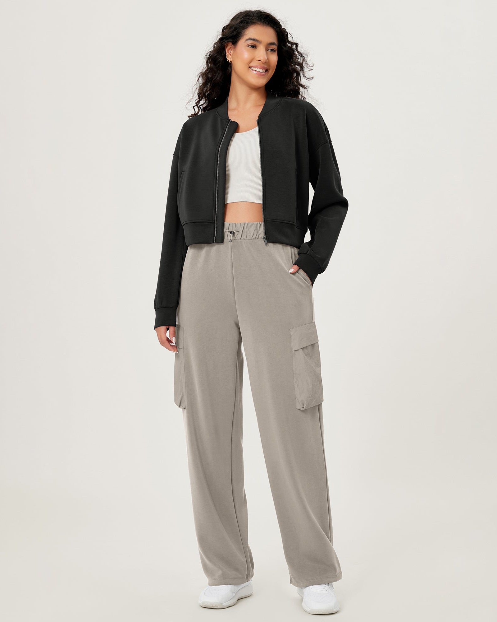 Modal Soft Full-Zip Bomber Casual Outfit Crop Jacket with Pockets - ododos