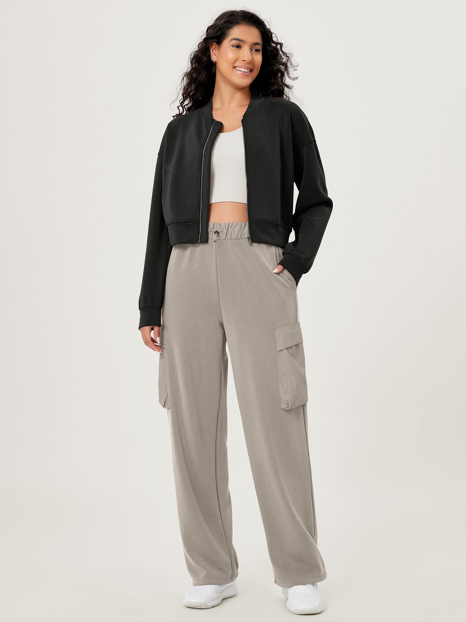 Modal Soft Full-Zip Bomber Casual Outfit Crop Jacket with Pockets - ododos