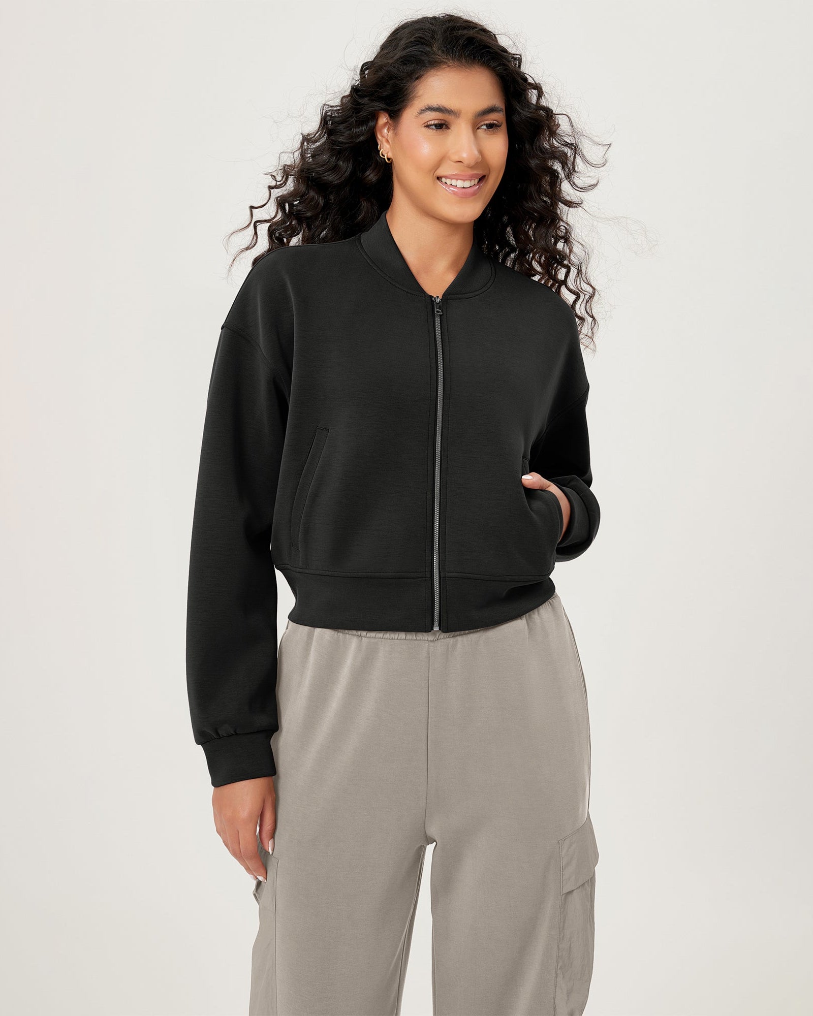 Modal Soft Full-Zip Bomber Casual Outfit Crop Jacket with Pockets - ododos