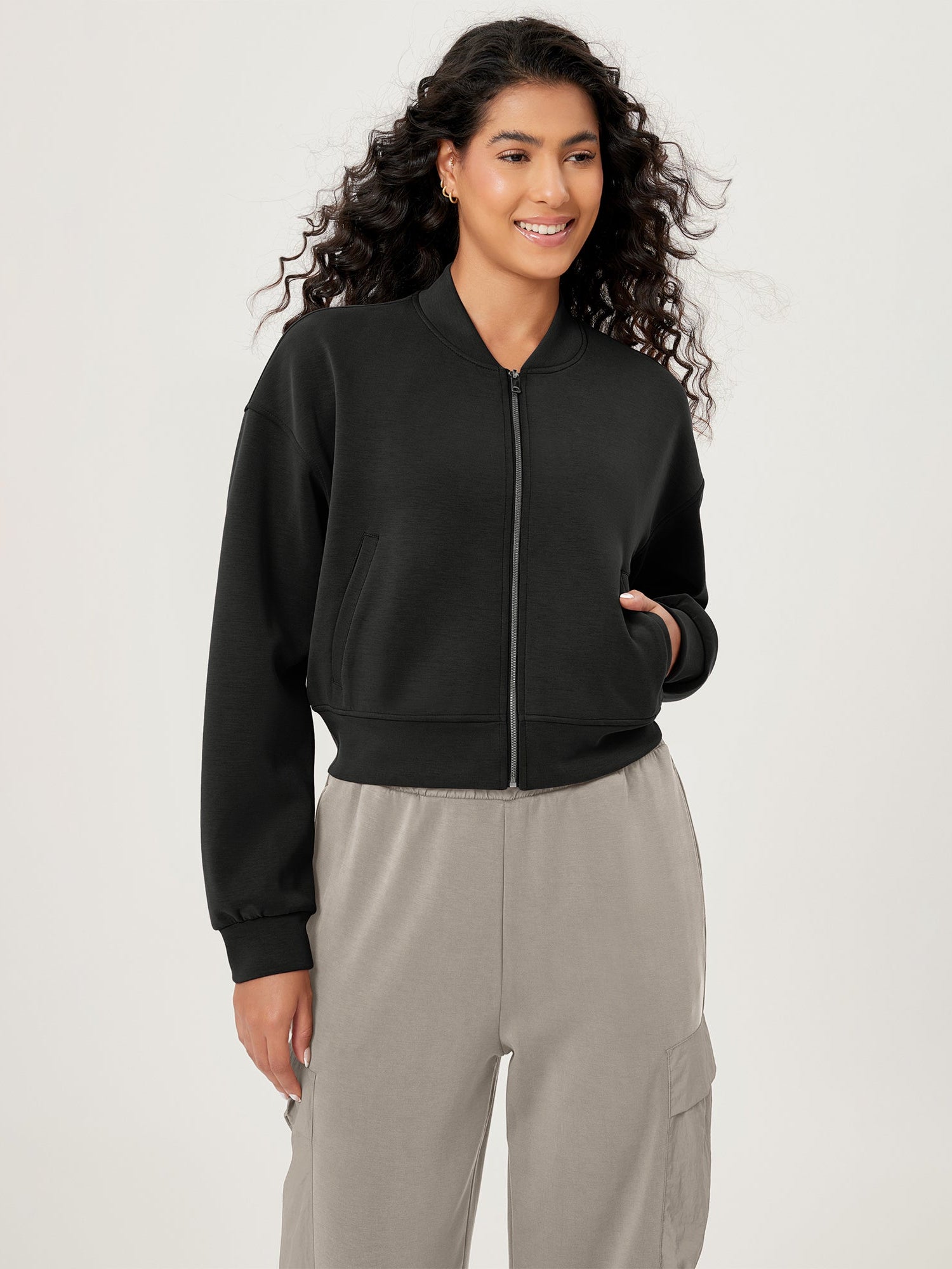 Modal Soft Full-Zip Bomber Casual Outfit Crop Jacket with Pockets - ododos