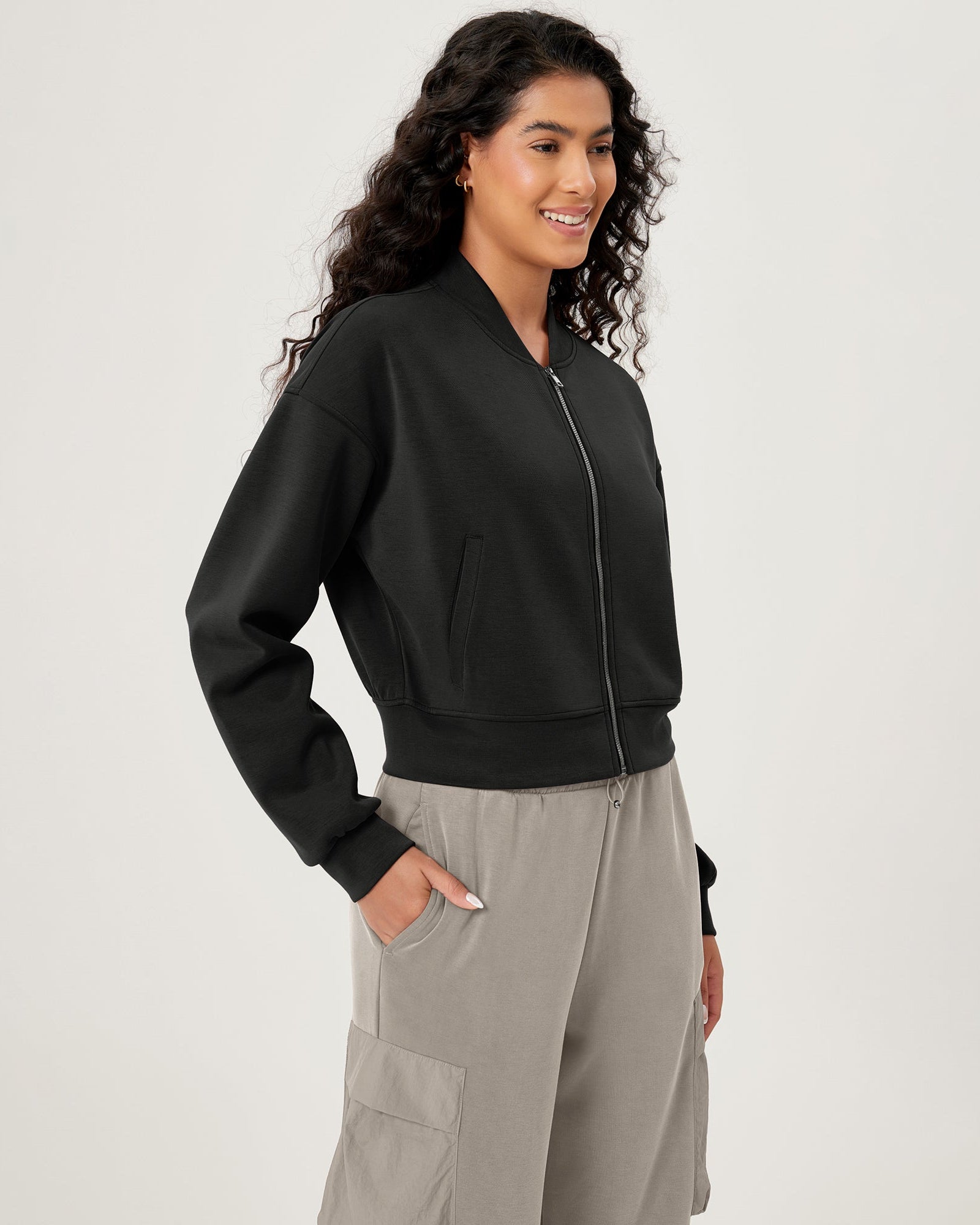Modal Soft Full-Zip Bomber Casual Outfit Crop Jacket with Pockets - ododos