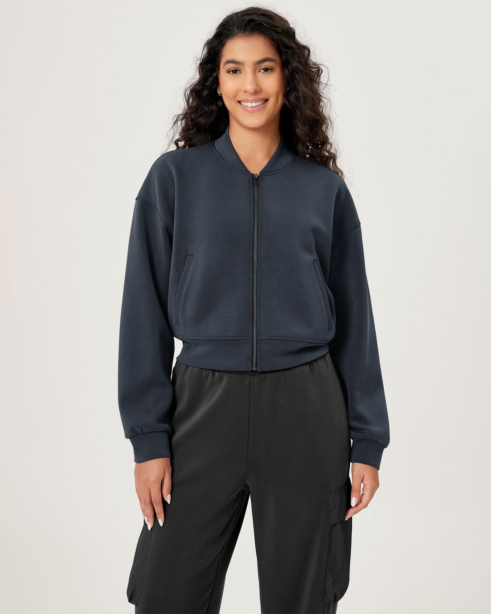 Modal Soft Full-Zip Bomber Casual Outfit Crop Jacket with Pockets Blue Navy - ododos
