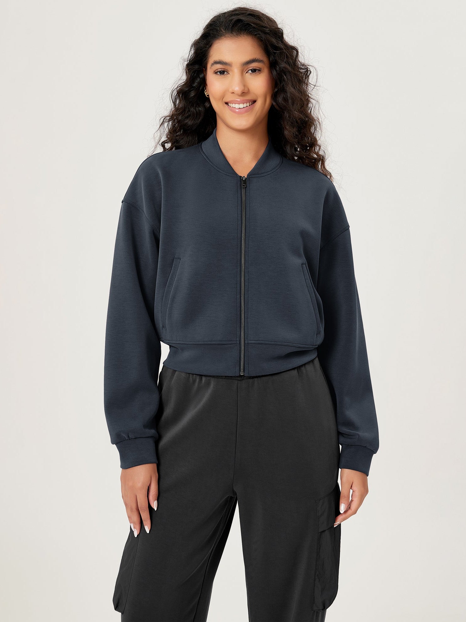 Modal Soft Full-Zip Bomber Casual Outfit Crop Jacket with Pockets Blue Navy - ododos