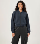 Modal Soft Full-Zip Bomber Casual Outfit Crop Jacket with Pockets Blue Navy - ododos