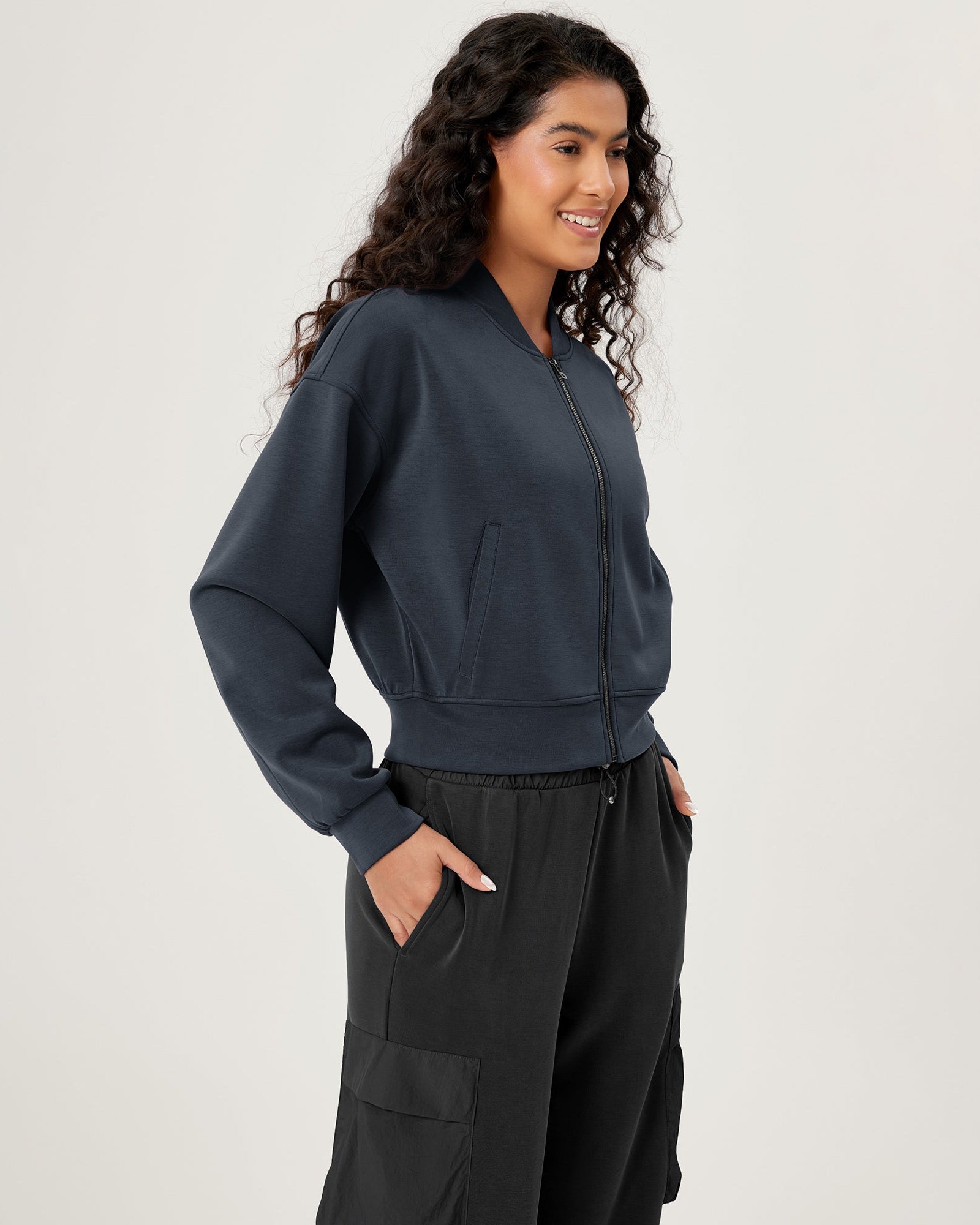 Modal Soft Full-Zip Bomber Casual Outfit Crop Jacket with Pockets - ododos