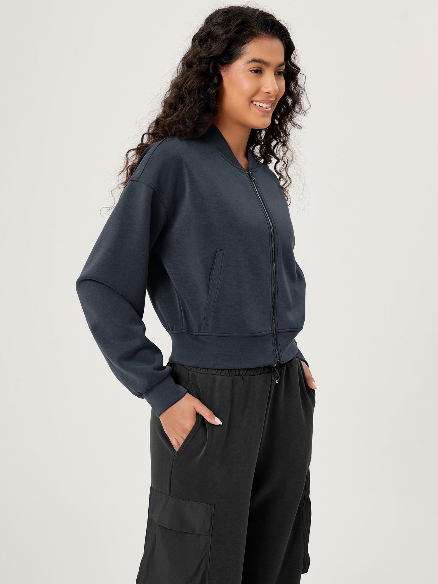 Modal Soft Full-Zip Bomber Casual Outfit Crop Jacket with Pockets - ododos