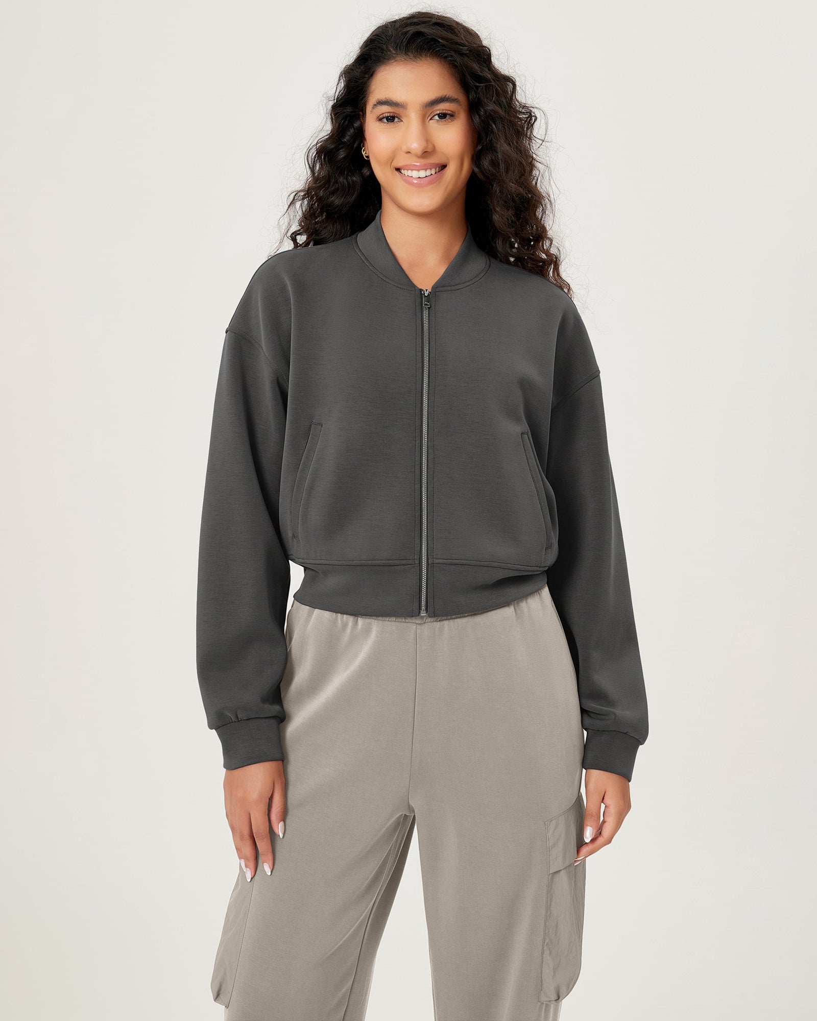 Modal Soft Full-Zip Bomber Casual Outfit Crop Jacket with Pockets Charcoal - ododos