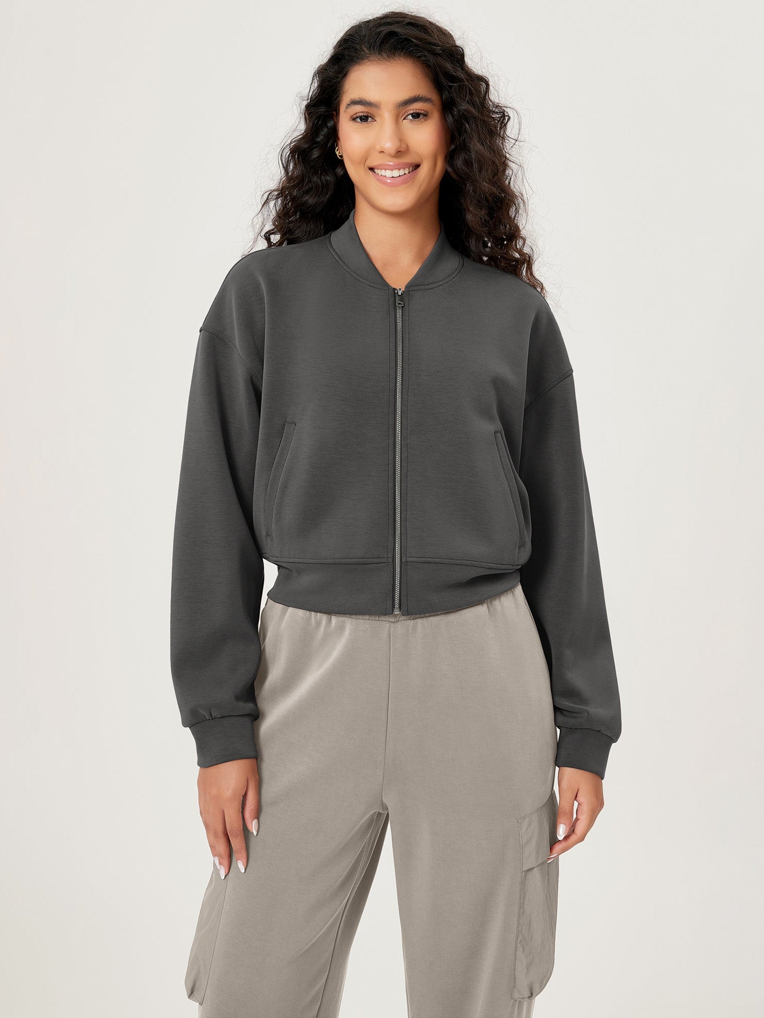 Modal Soft Full-Zip Bomber Casual Outfit Crop Jacket with Pockets Charcoal - ododos
