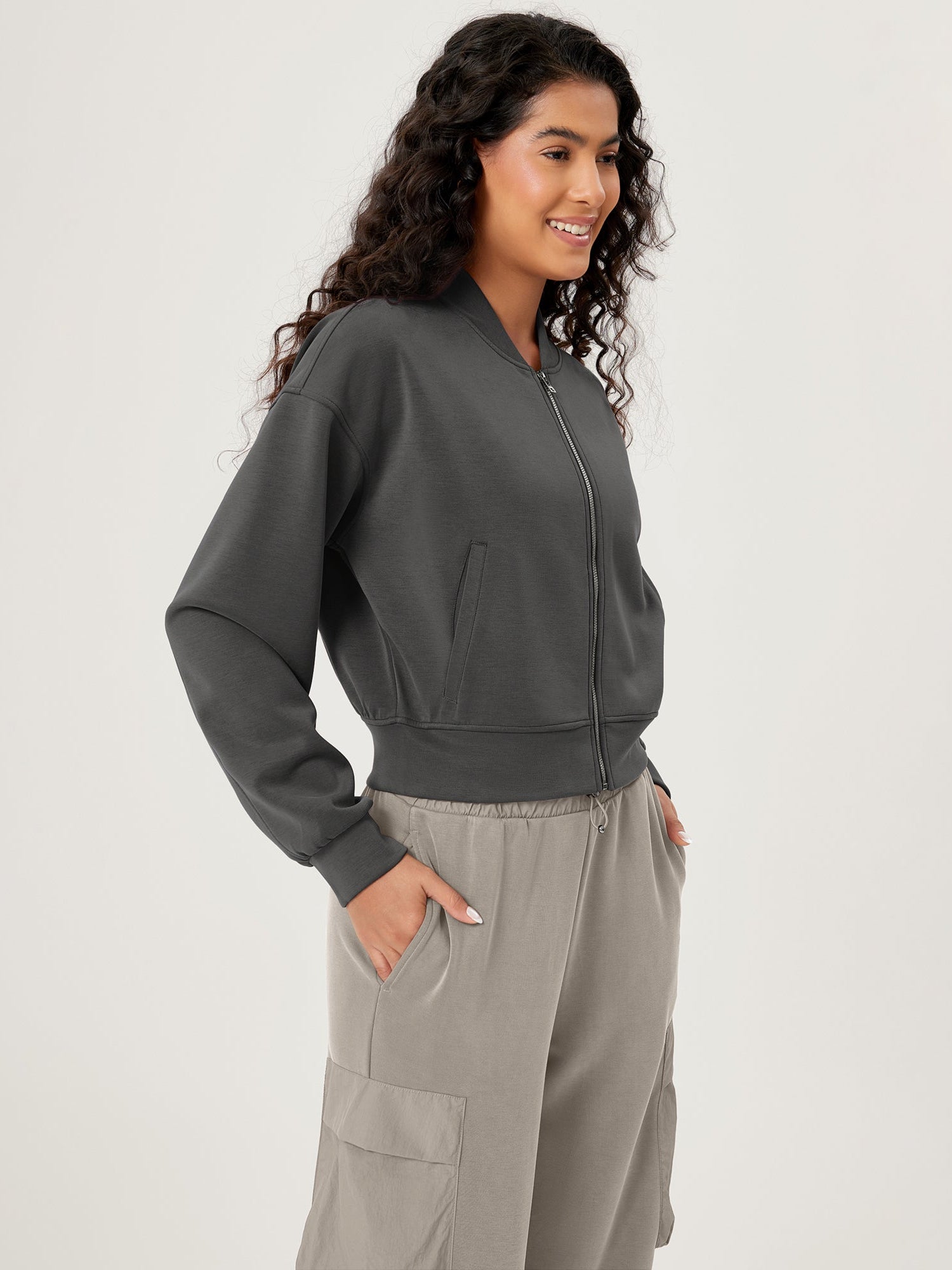 Modal Soft Full-Zip Bomber Casual Outfit Crop Jacket with Pockets - ododos