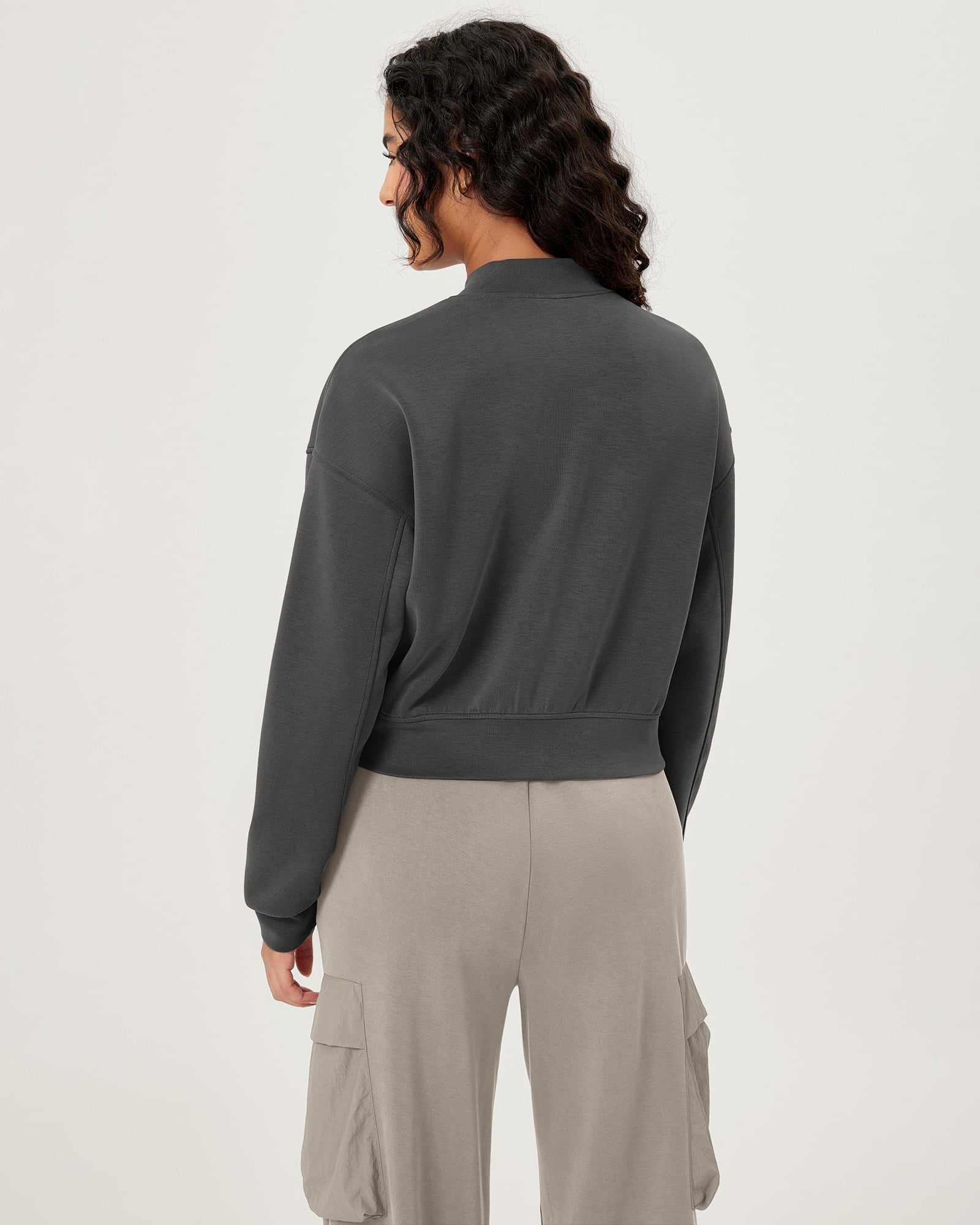 Modal Soft Full-Zip Bomber Casual Outfit Crop Jacket with Pockets - ododos