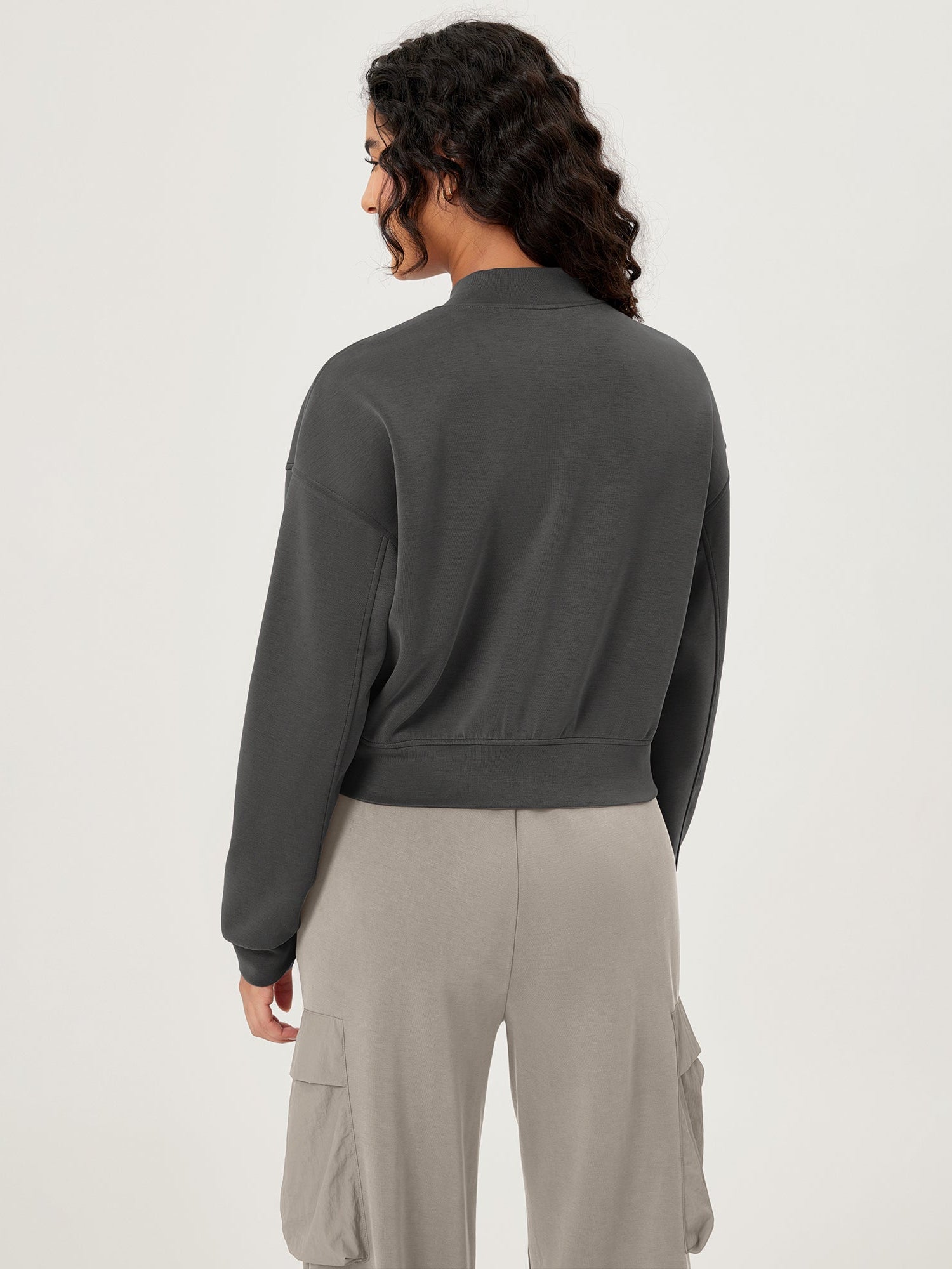 Modal Soft Full-Zip Bomber Casual Outfit Crop Jacket with Pockets - ododos